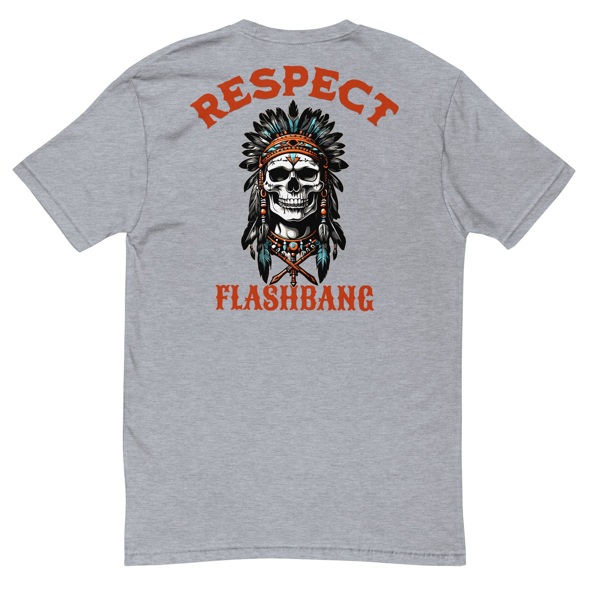 Gray t-shirt with a skull wearing an Indian headdress and 'Respect Flashbang' text on the back.