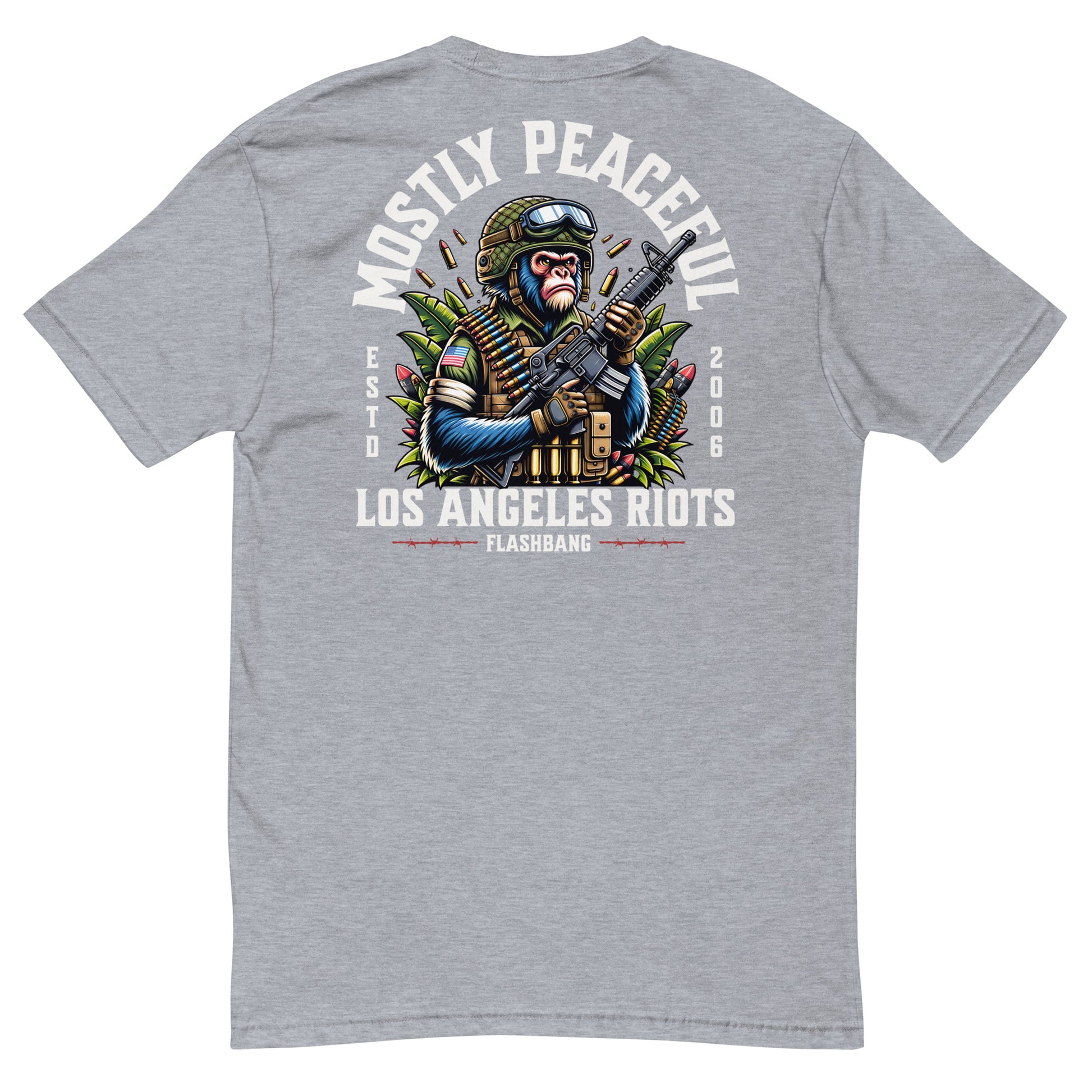 Gray t-shirt with graphic design and text on the back