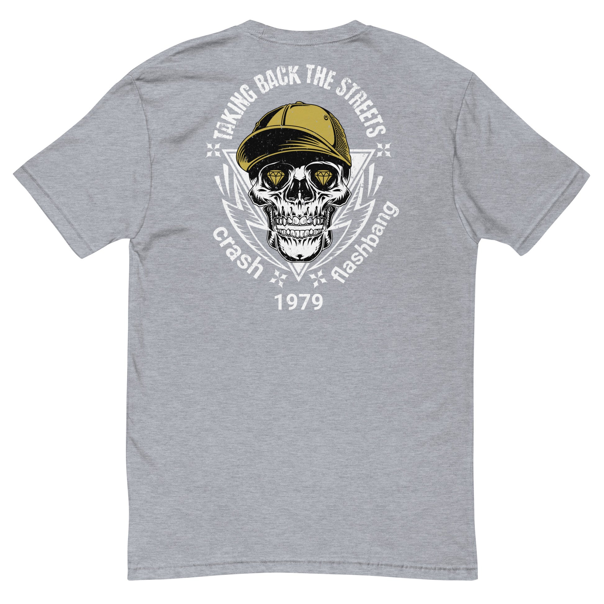 Gray t-shirt with a skull wearing a cap graphic and text on the back, on a white background.