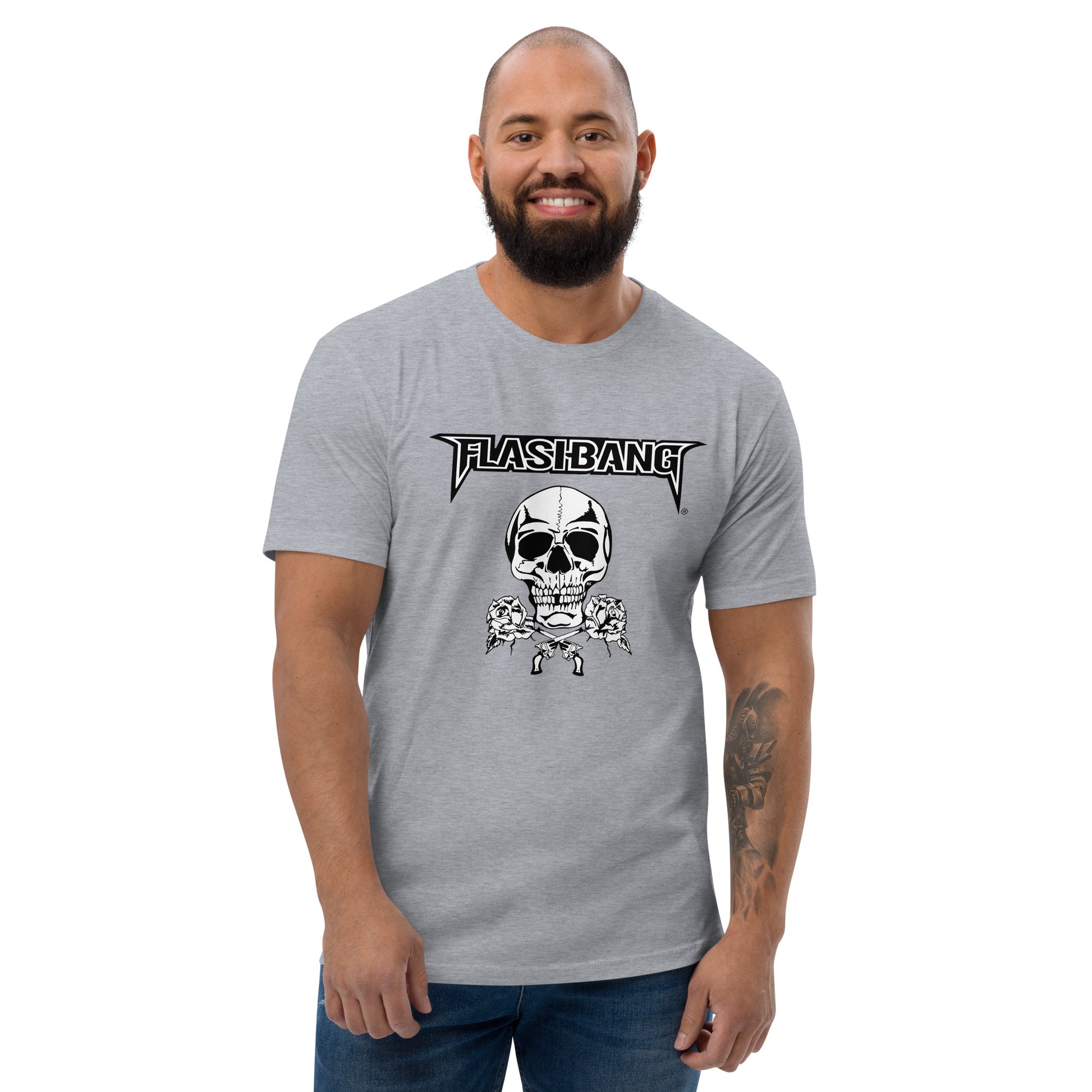 Skull and Roses RS T-shirt featuring a vintage skull and rose design - Front View - Heather Grey - Model Guy