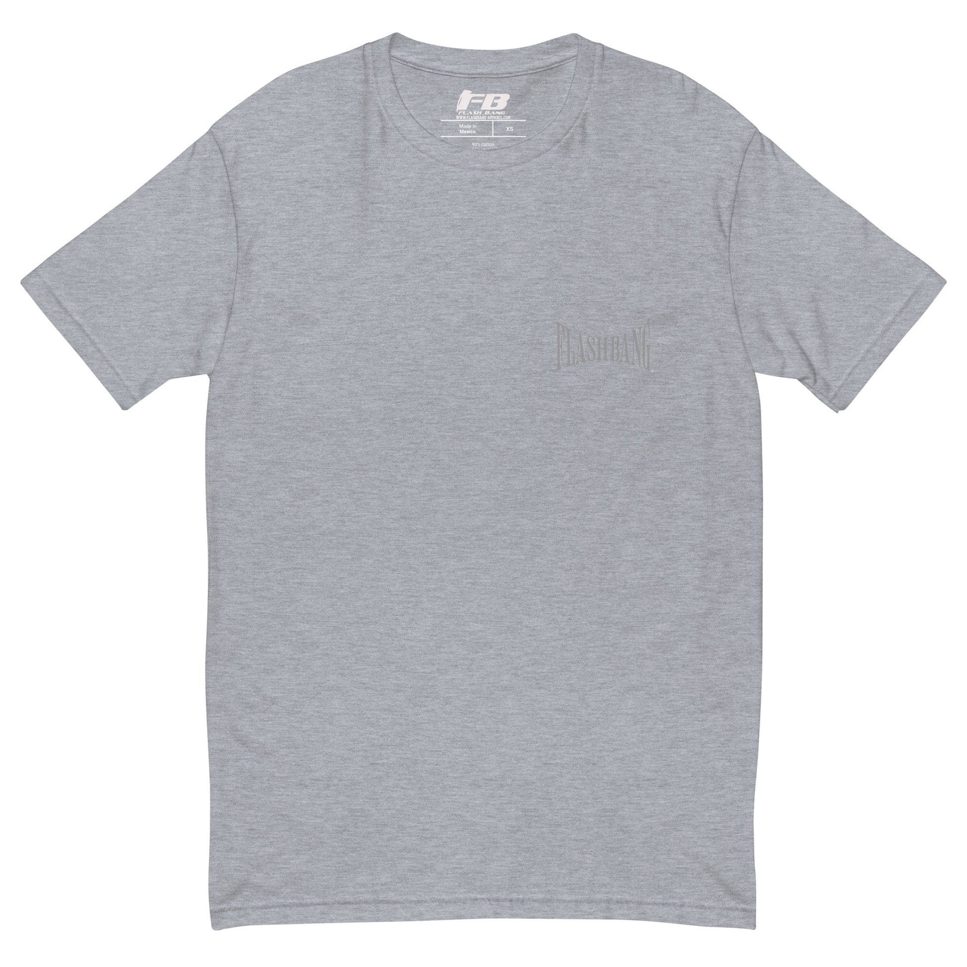 Proud American T-shirt with American flag graphic - Front View - Heather Grey with Flashbang Text