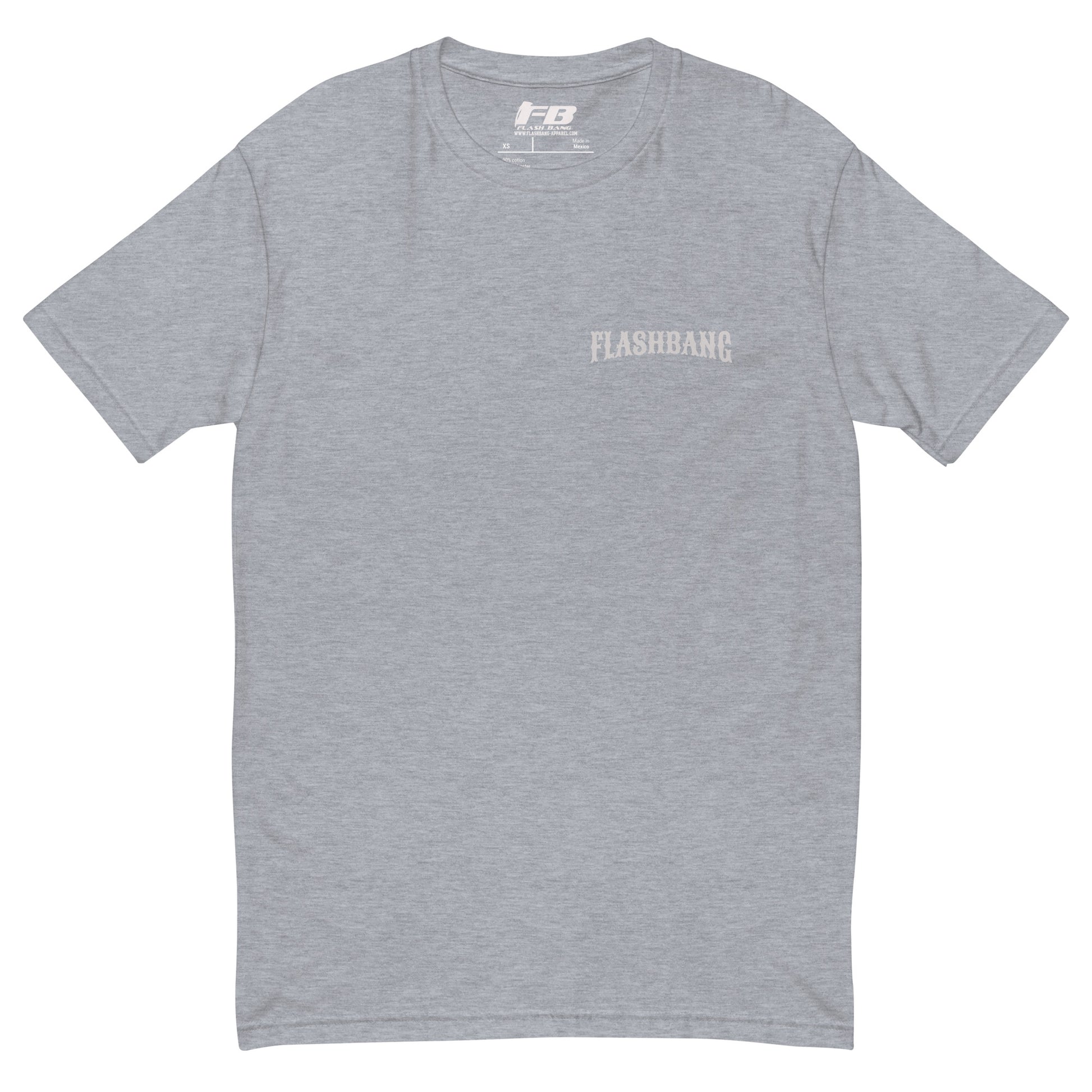 No Days Off T-shirt for veterans, featuring a rugged design. Ideal for those who wear tactical apparel with pride and strength - Front View - Heather Grey with Flashbang Text