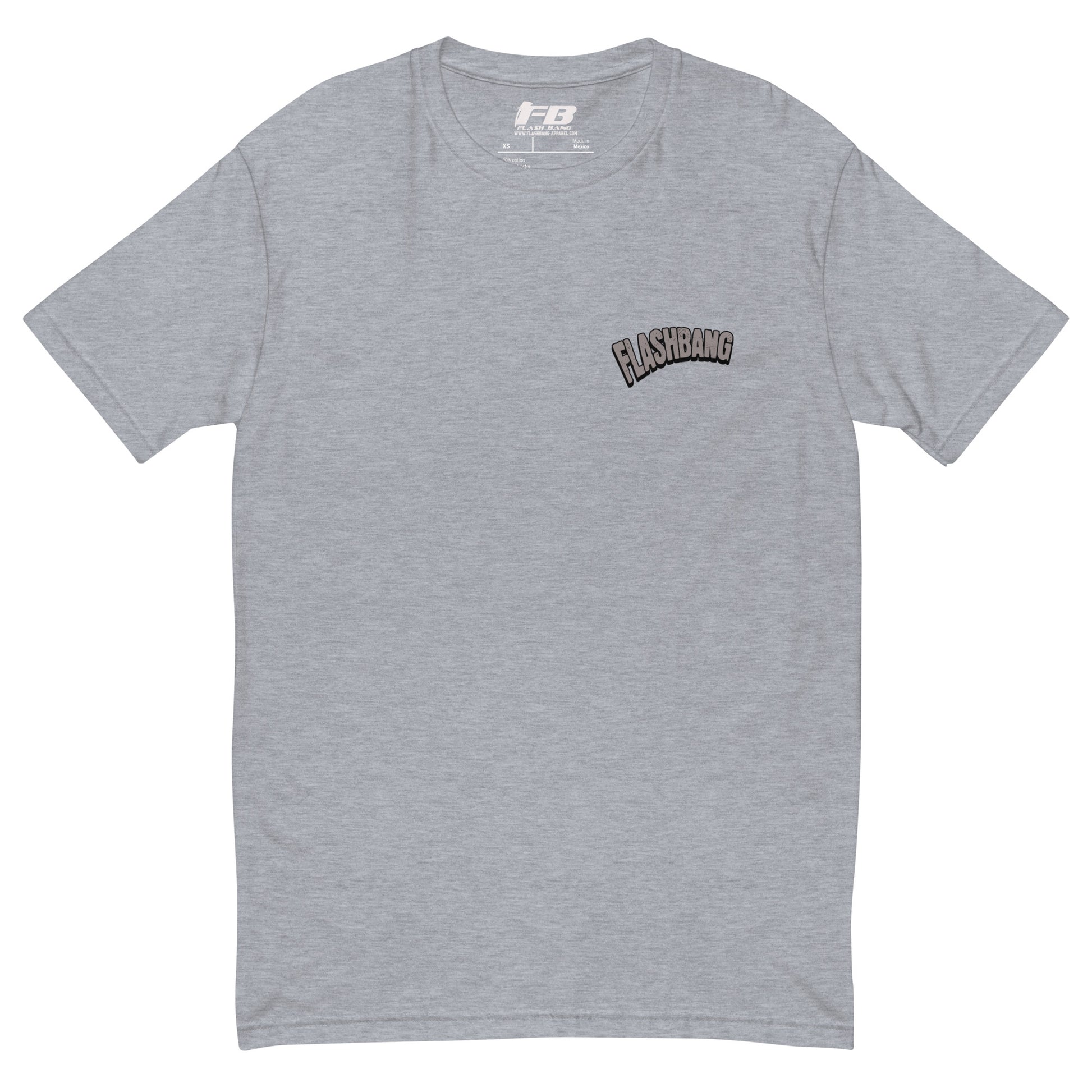 Caveman T-shirt - Front View - Heather Grey with Flashbang Text