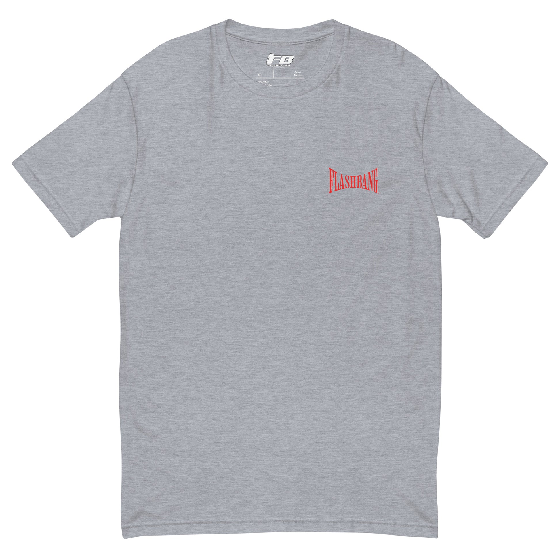 Gray t-shirt with a red logo on a white background
