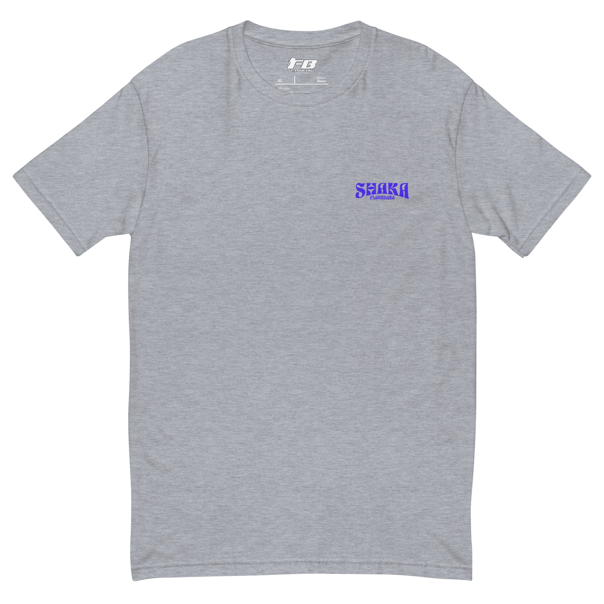 Gray t-shirt with a blue logo on a white background