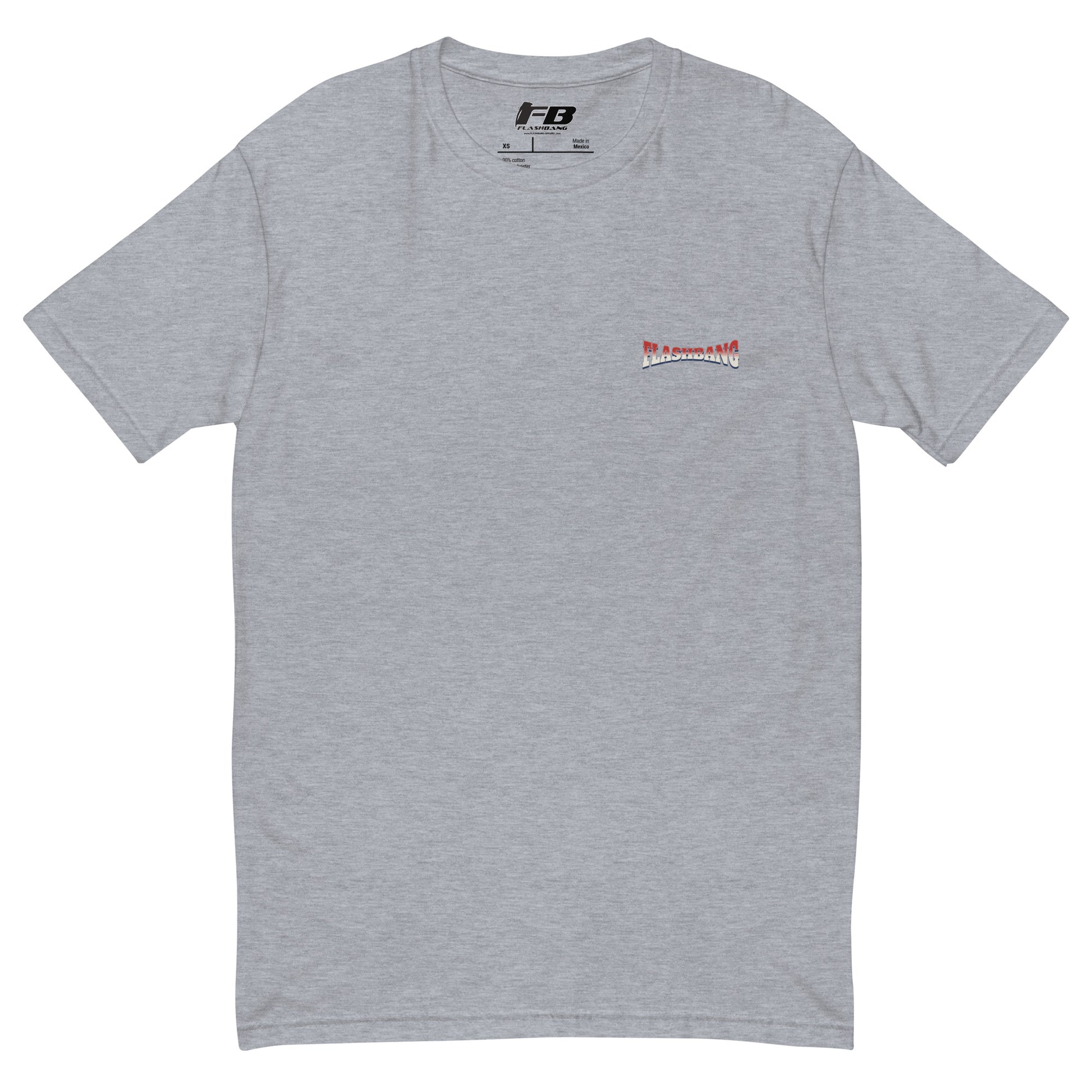 Gray t-shirt with a small logo on a white background