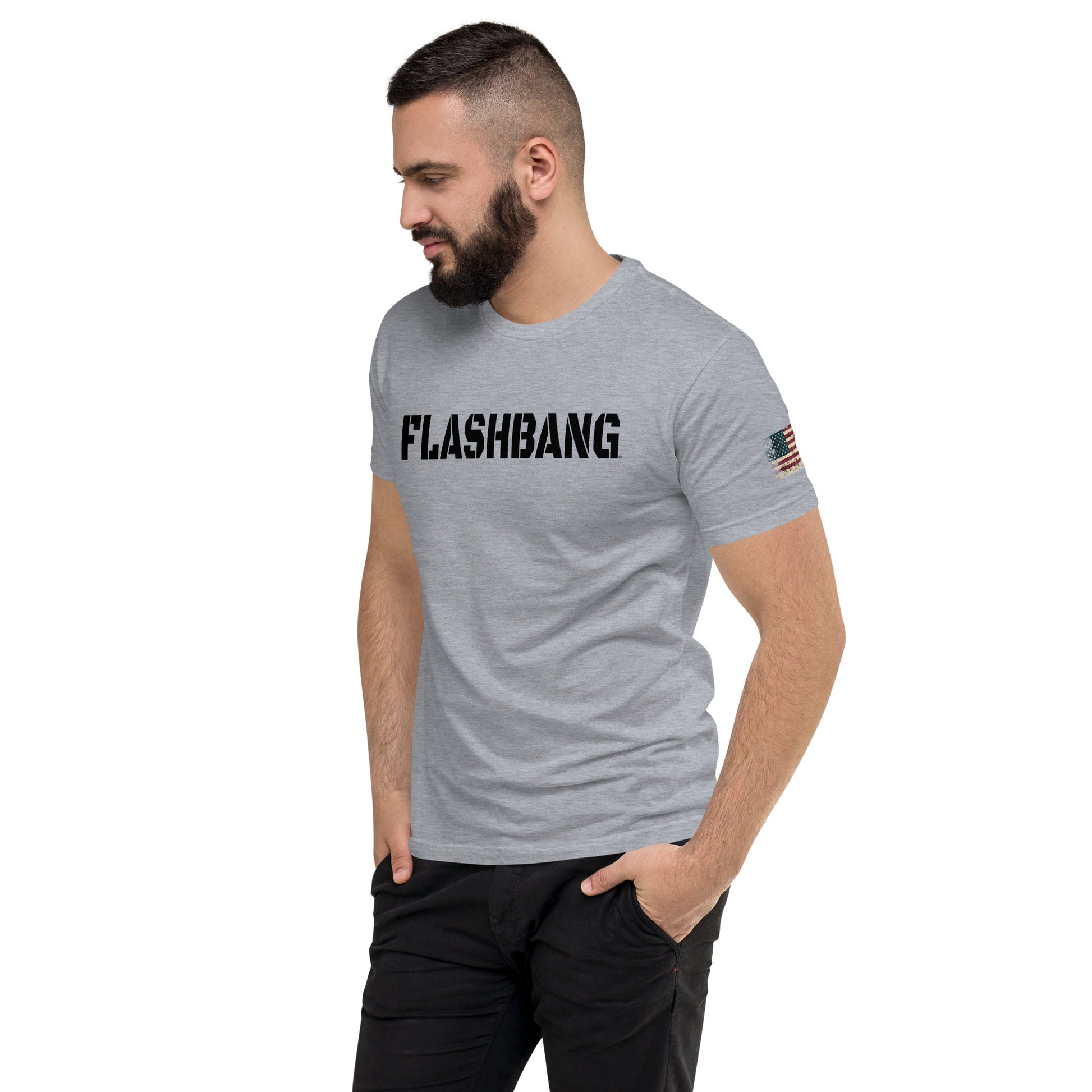 Flashbang Black Logo T-shirt featuring American flag graphic - Side View - Heather Grey - Model Guy