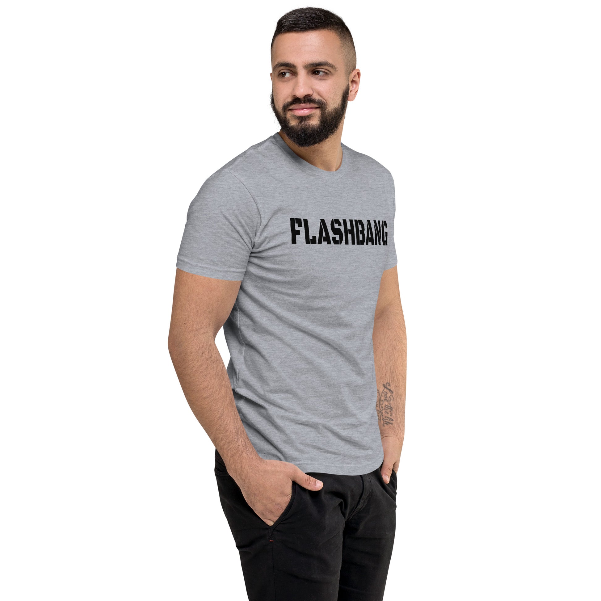 Flashbang Black Logo T-shirt featuring American flag graphic - Side-front View - Heather Grey - Model Guy