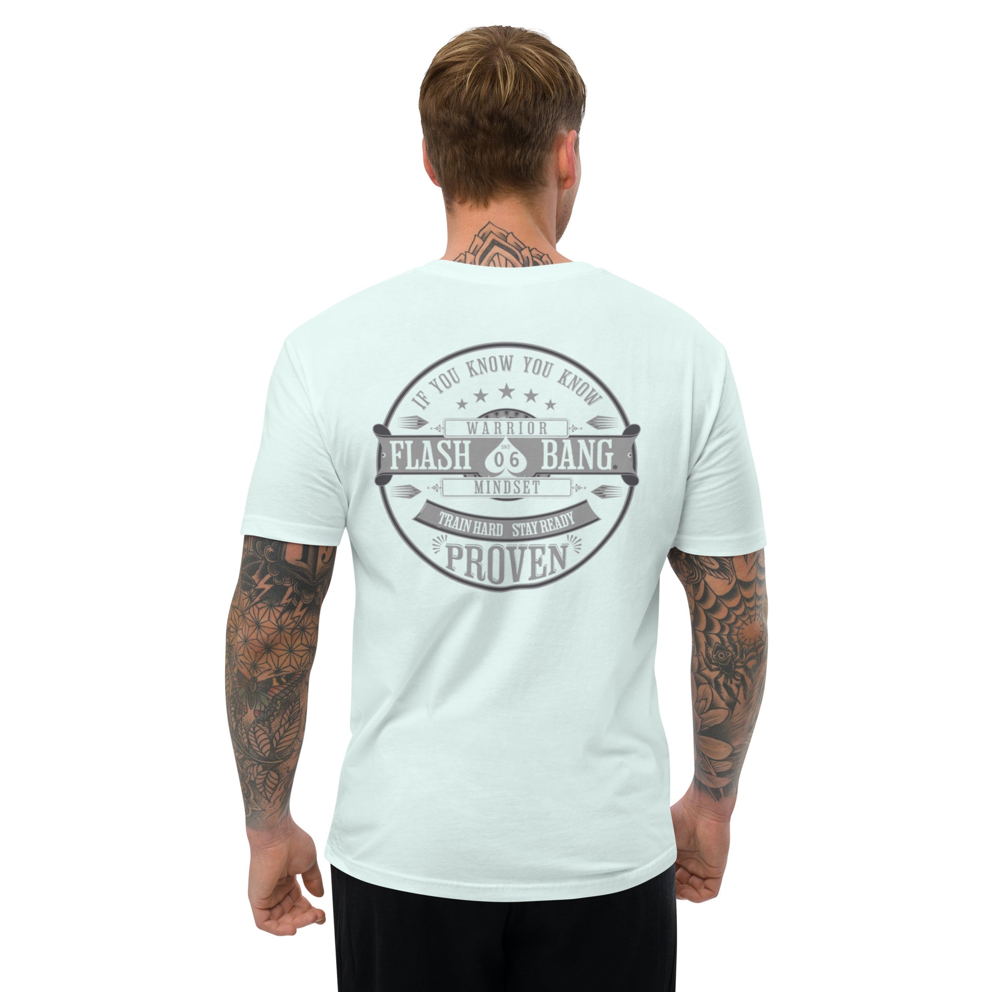Warrior T-shirt - Train Hard Stay Ready. Veteran support, rugged durability, and powerful quotes for men who train hard - Back View - Light Blue - Model Guy