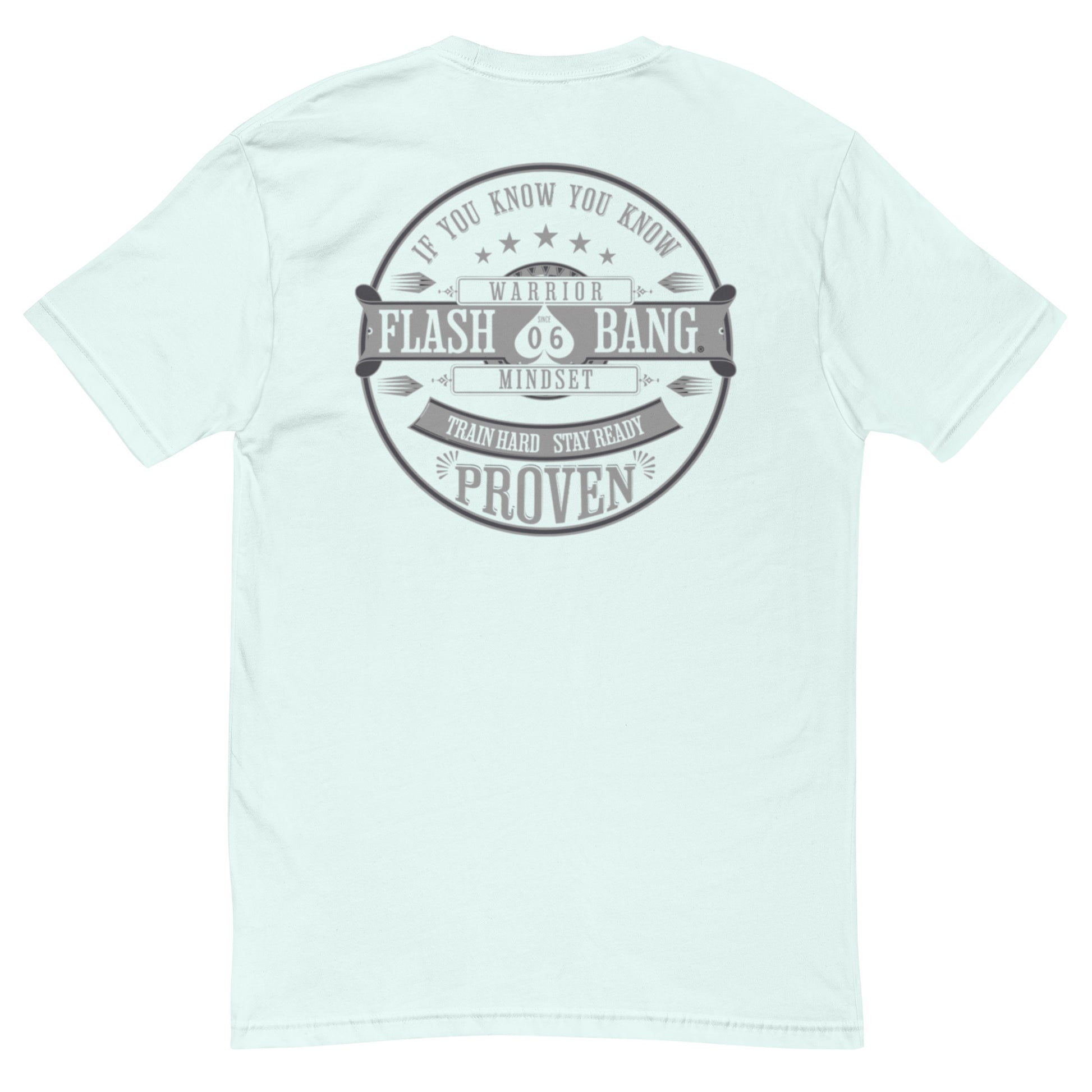 Warrior T-shirt - Train Hard Stay Ready. Veteran support, rugged durability, and powerful quotes for men who train hard - Back View - Light Blue