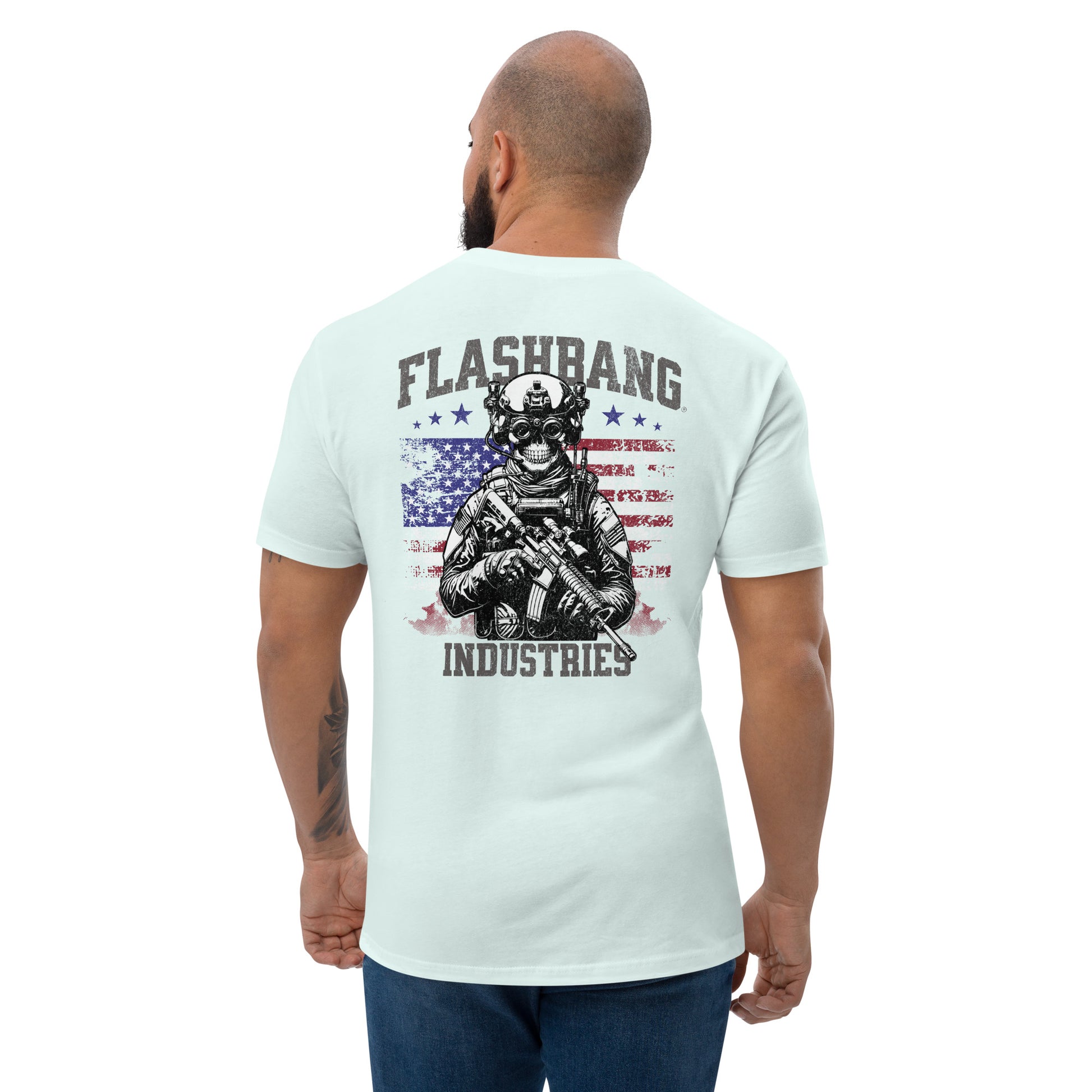 US Army T-shirt with USA flag and skull design. Operator T-shirt for men - Back View - Light Blue - Model Guy