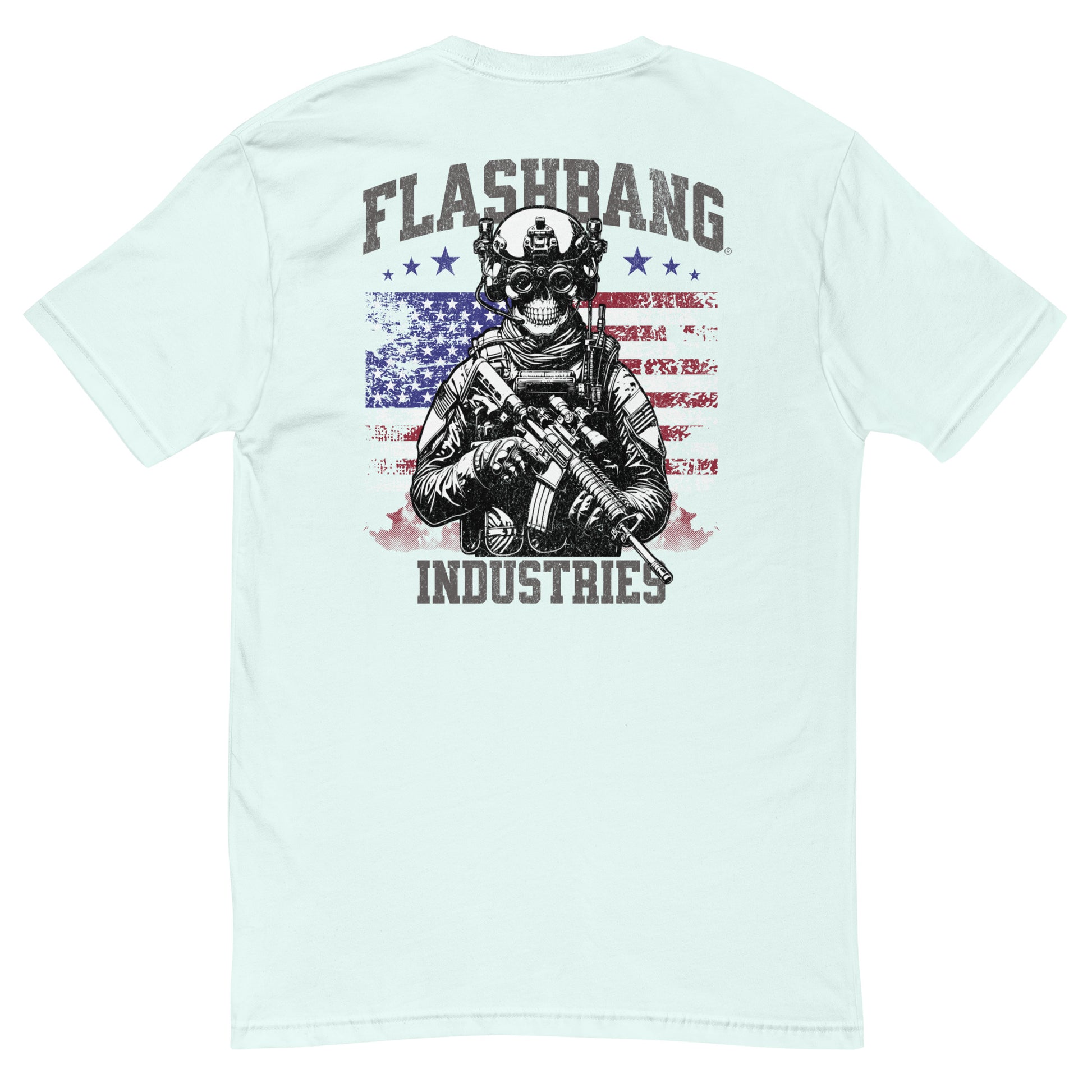US Army T-shirt with USA flag and skull design. Operator T-shirt for men - Back View - Light Blue