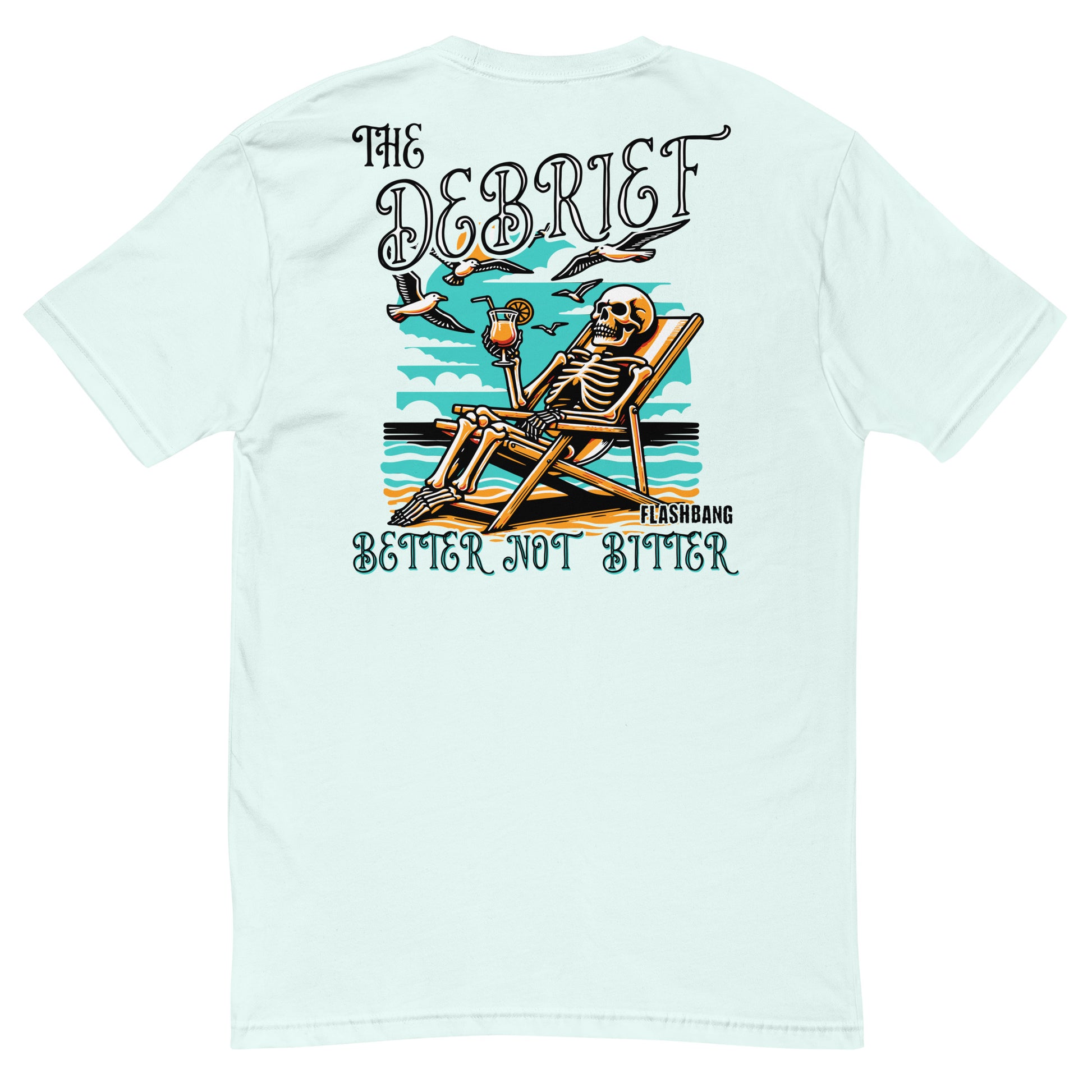 Light blue t-shirt with a skeleton design and text on the back, displayed against a white background.