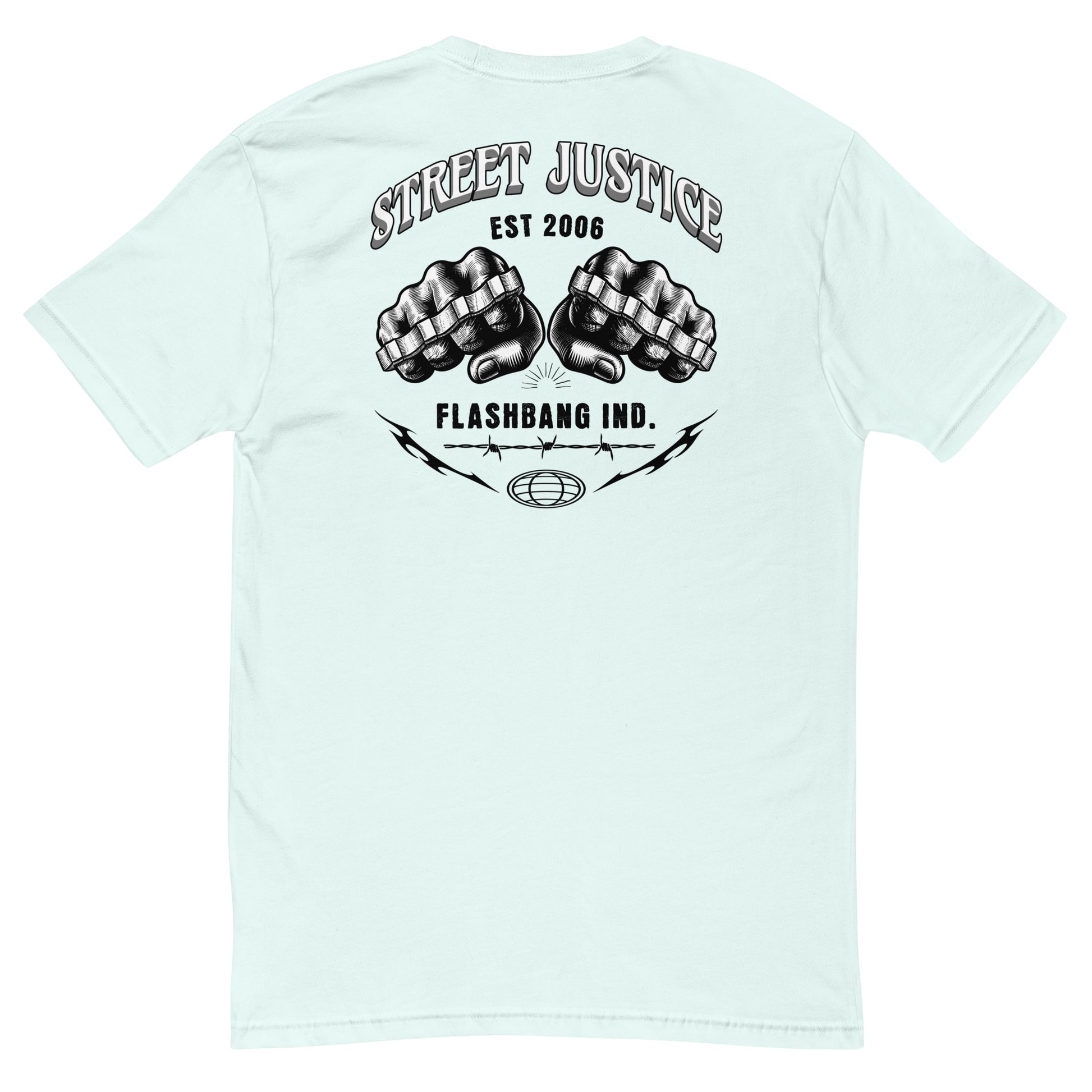 Light blue t-shirt with black graphic design and text on the back