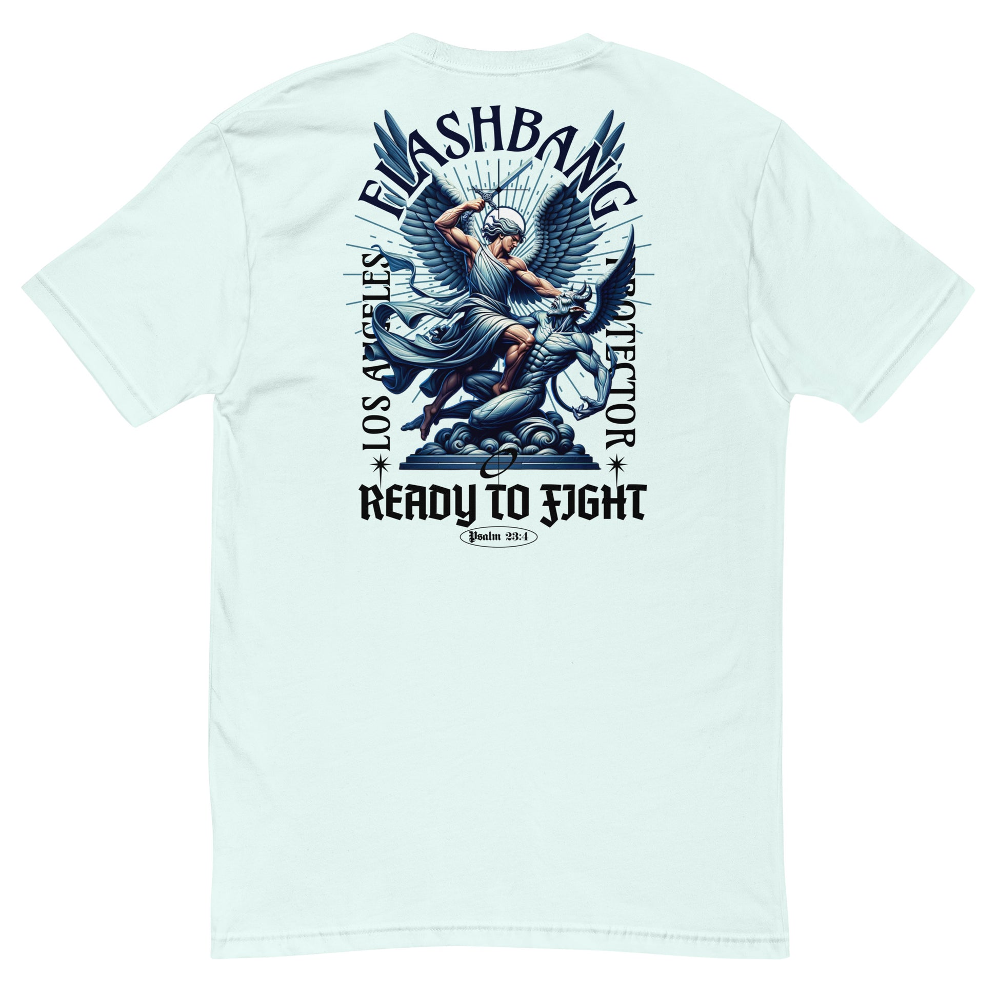 Light blue t-shirt with graphic design and text on the back