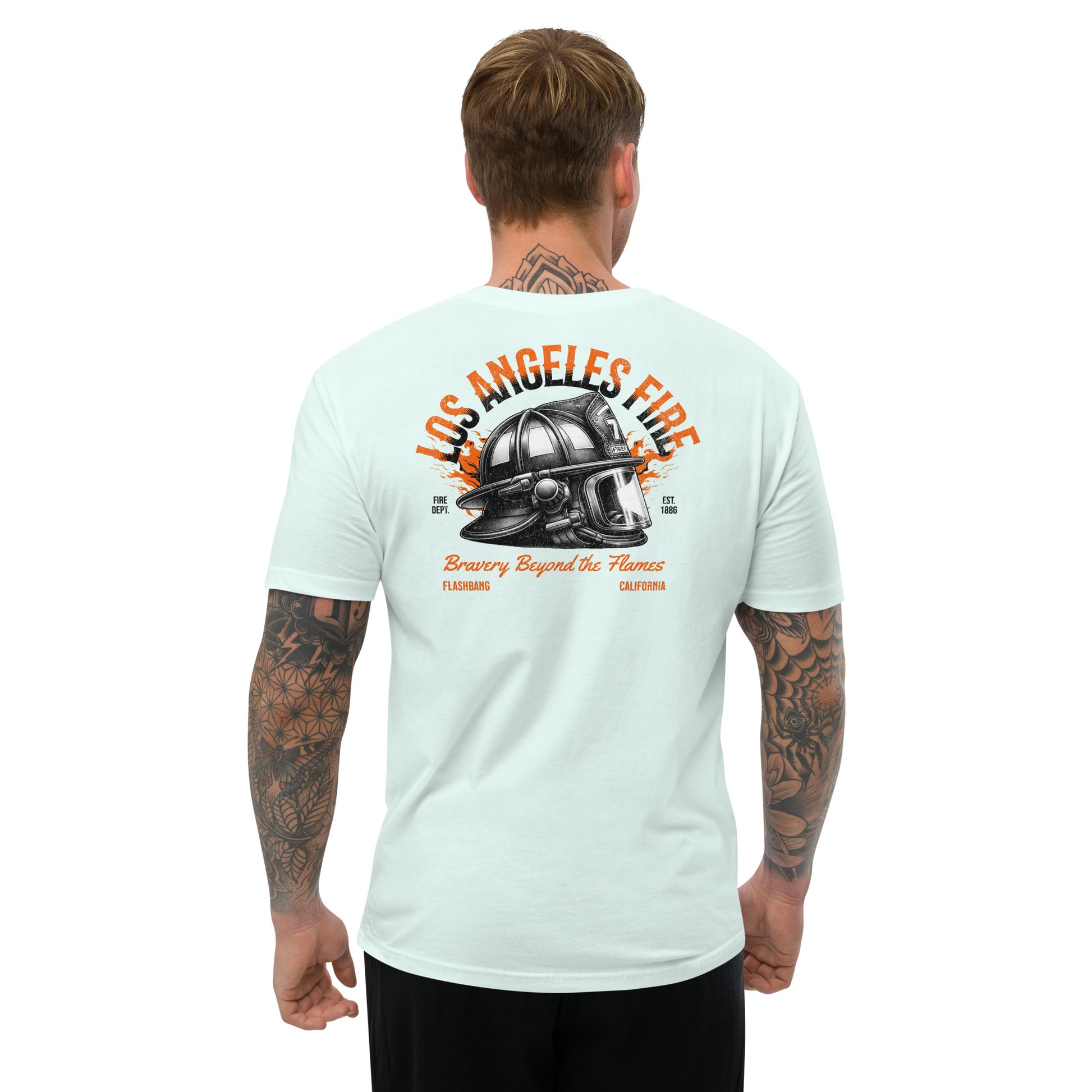 Light blue t-shirt with 'Los Angeles Fire' design on the back, worn by a person.