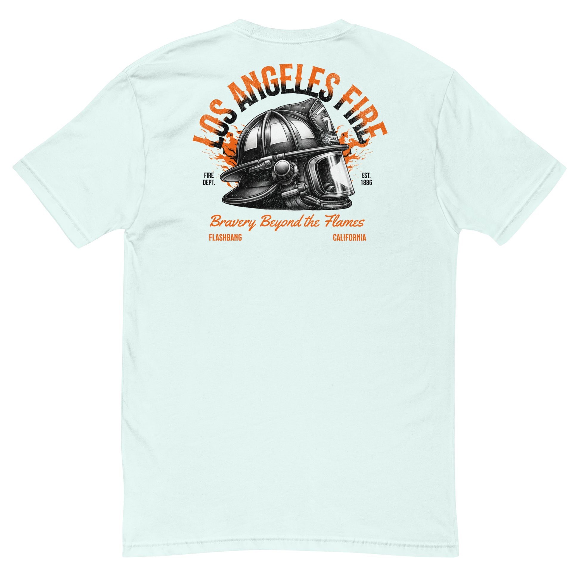 Light blue t-shirt with a graphic of a fire helmet and text on the back, displayed on a white background.