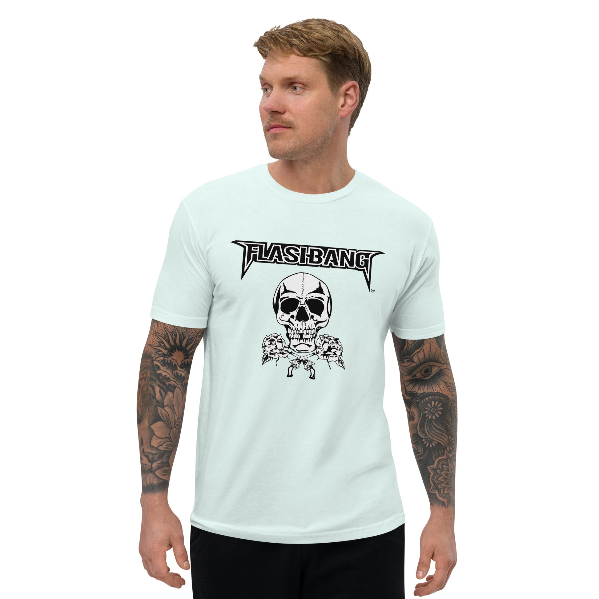 Skull and Roses RS T-shirt featuring a vintage skull and rose design - Front View - Light Blue - Model Guy