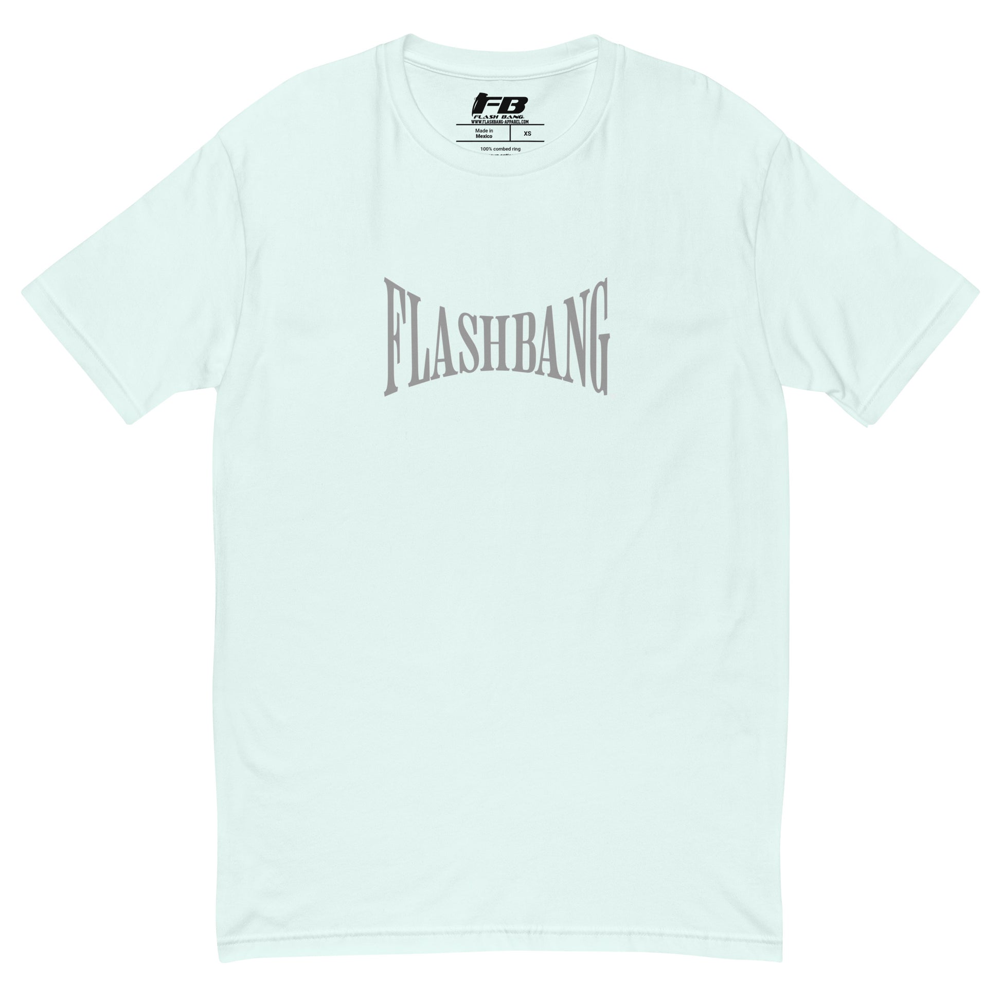 Warrior T-shirt - Train Hard Stay Ready. Veteran support, rugged durability, and powerful quotes for men who train hard - Front View - Light Blue with Flashbang Text