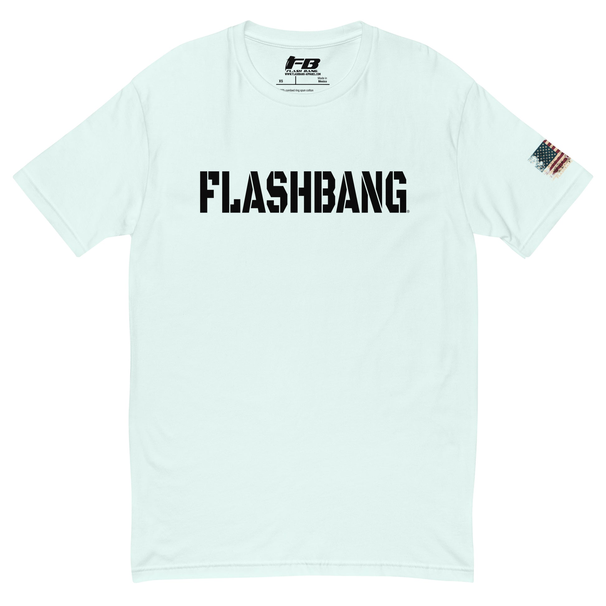 Flashbang Black Logo T-shirt featuring American flag graphic - Front View - Light Blue k with Flashbang Text