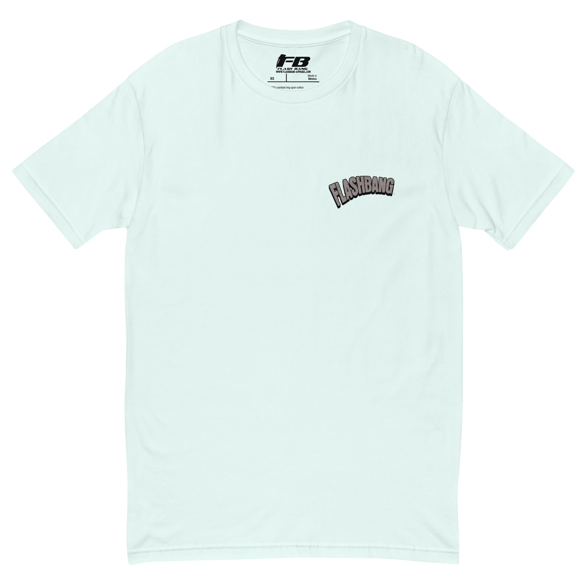 Caveman T-shirt - Front  View - Light Blue with Flashbang Text