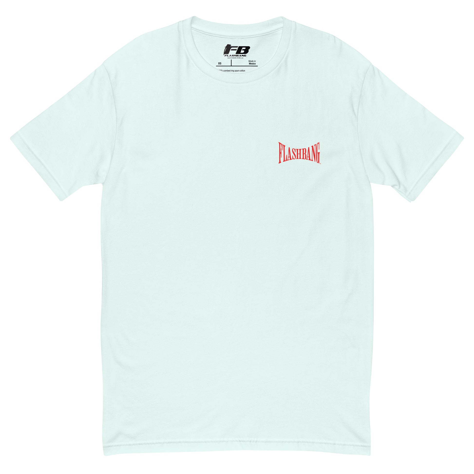 Light blue t-shirt with red and black text on a white background