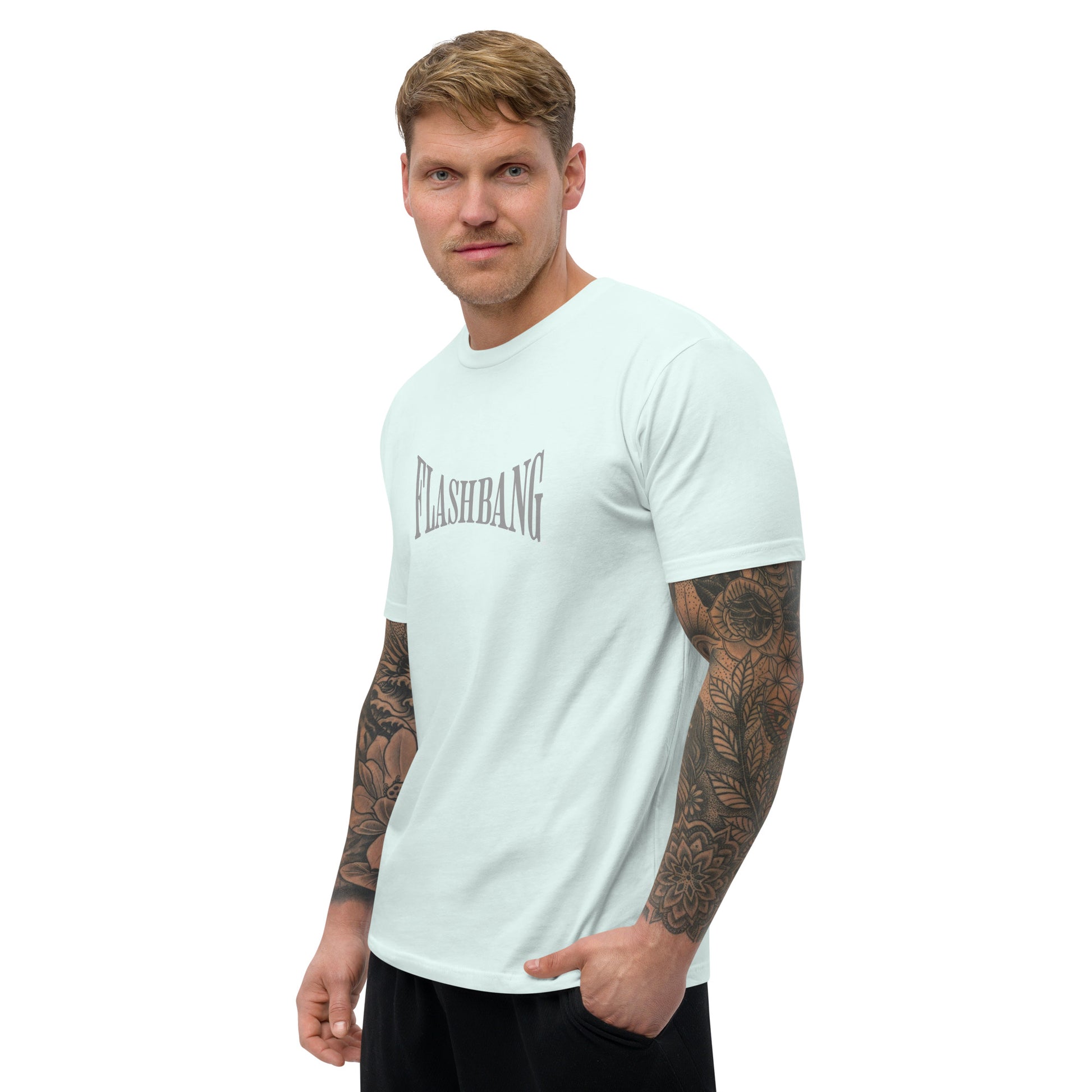 Warrior T-shirt - Train Hard Stay Ready. Veteran support, rugged durability, and powerful quotes for men who train hard - Front View - Light Blue with Flashbang Text - Model Guy