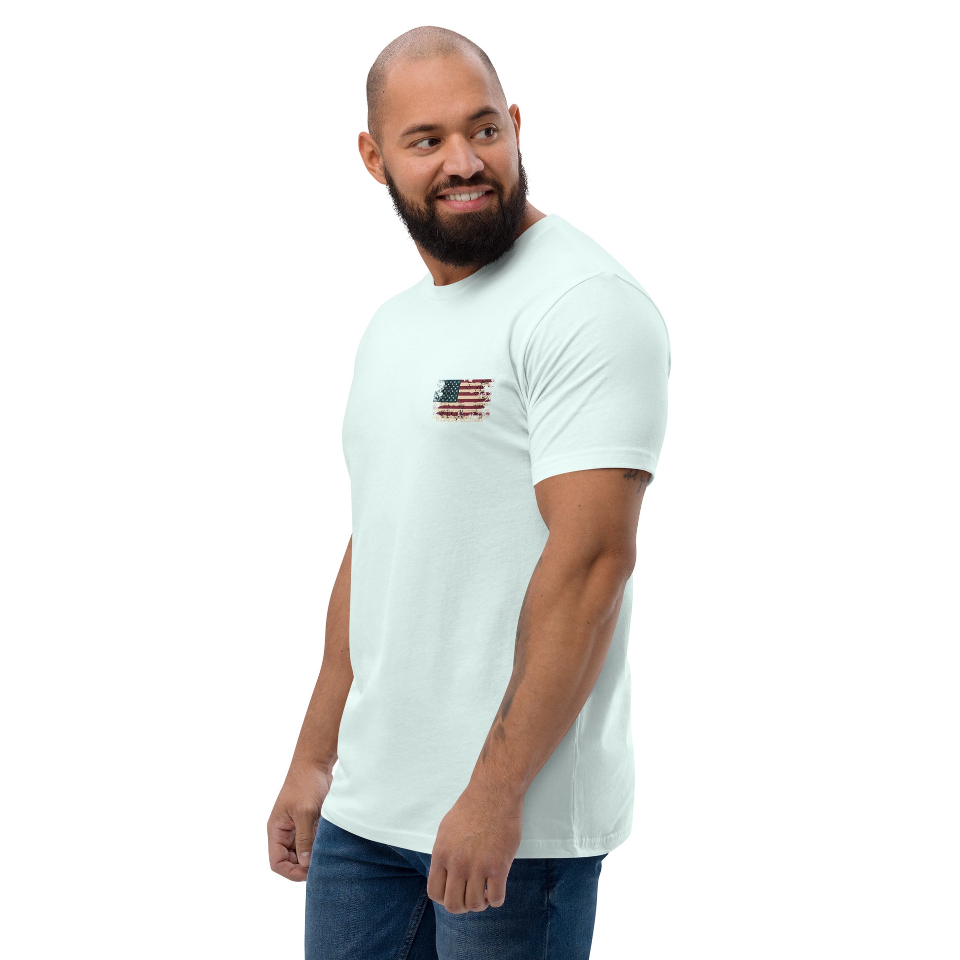 US Army T-shirt with USA flag and skull design. Operator T-shirt for men - Front View - Light Blue - Model Guy