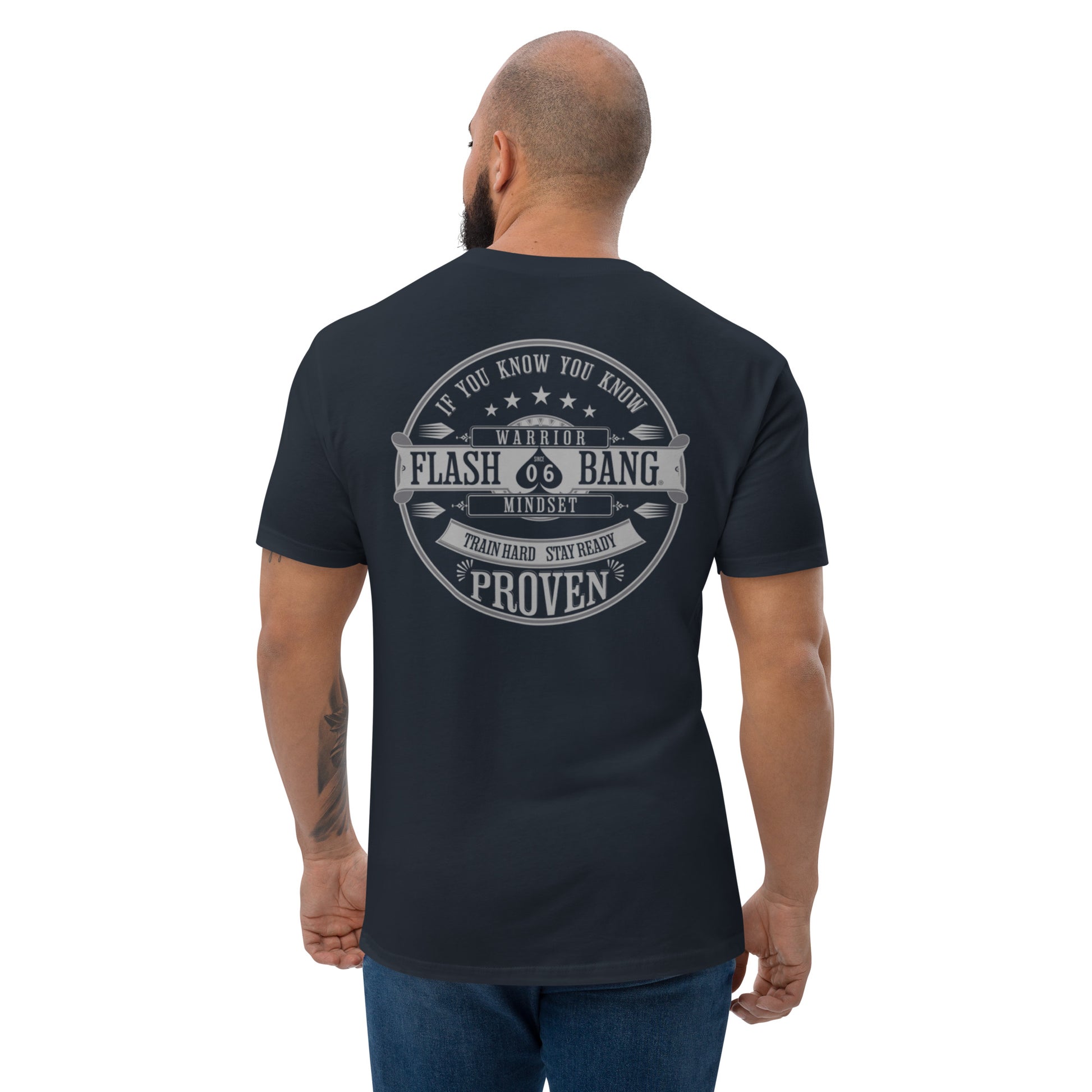 Warrior T-shirt - Train Hard Stay Ready. Veteran support, rugged durability, and powerful quotes for men who train hard - Back View - Midnight Navy - Model Guy
