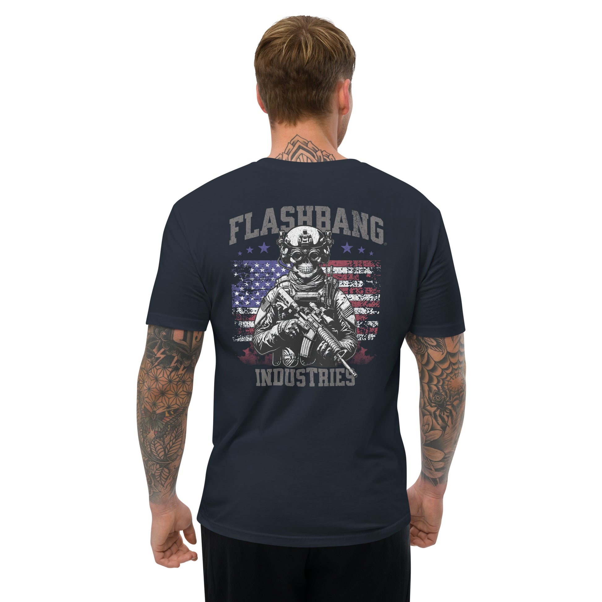 US Army T-shirt with USA flag and skull design. Operator T-shirt for men - Back View -Midnight Navy - Model Guy