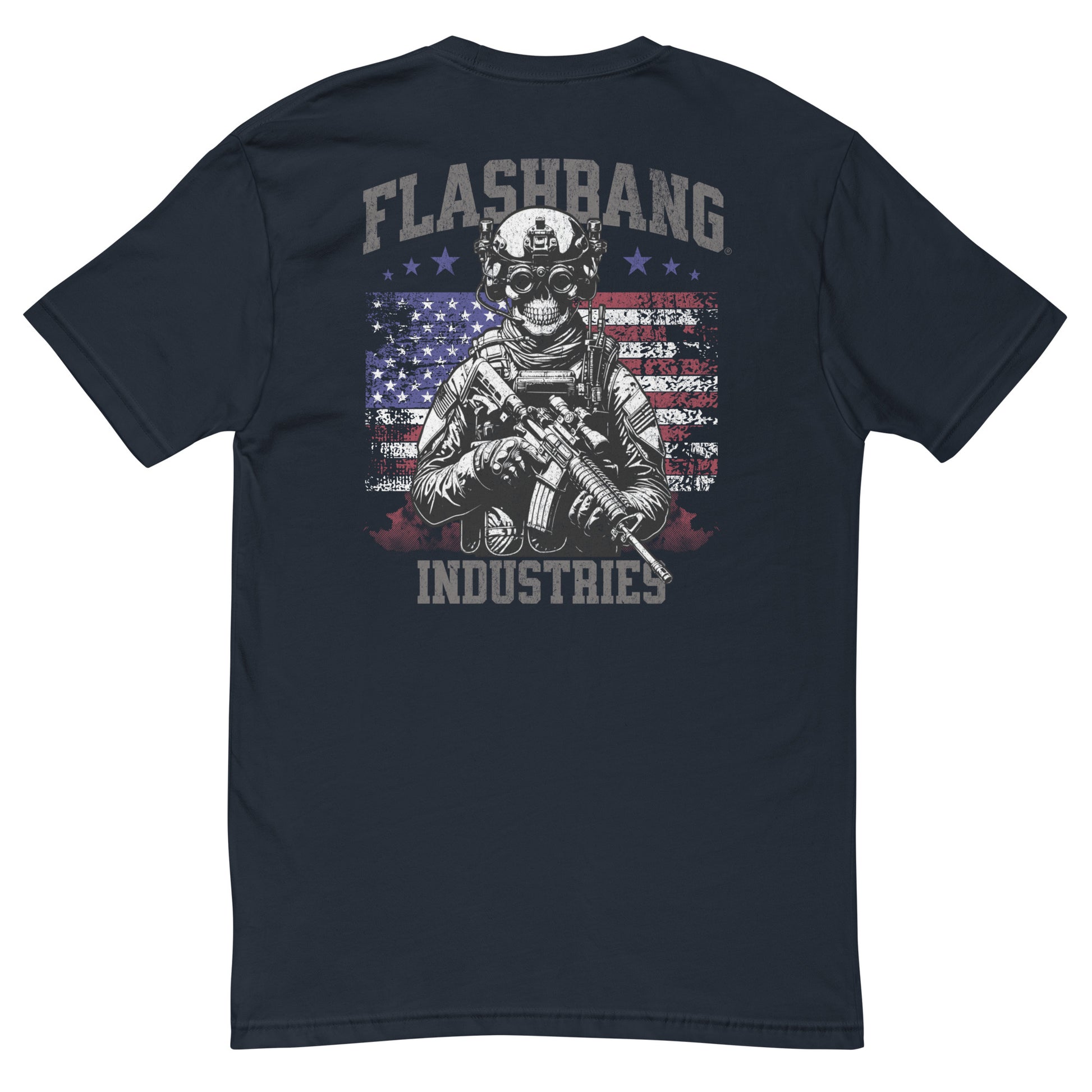 US Army T-shirt with USA flag and skull design. Operator T-shirt for men - Back View - Midnight Navy