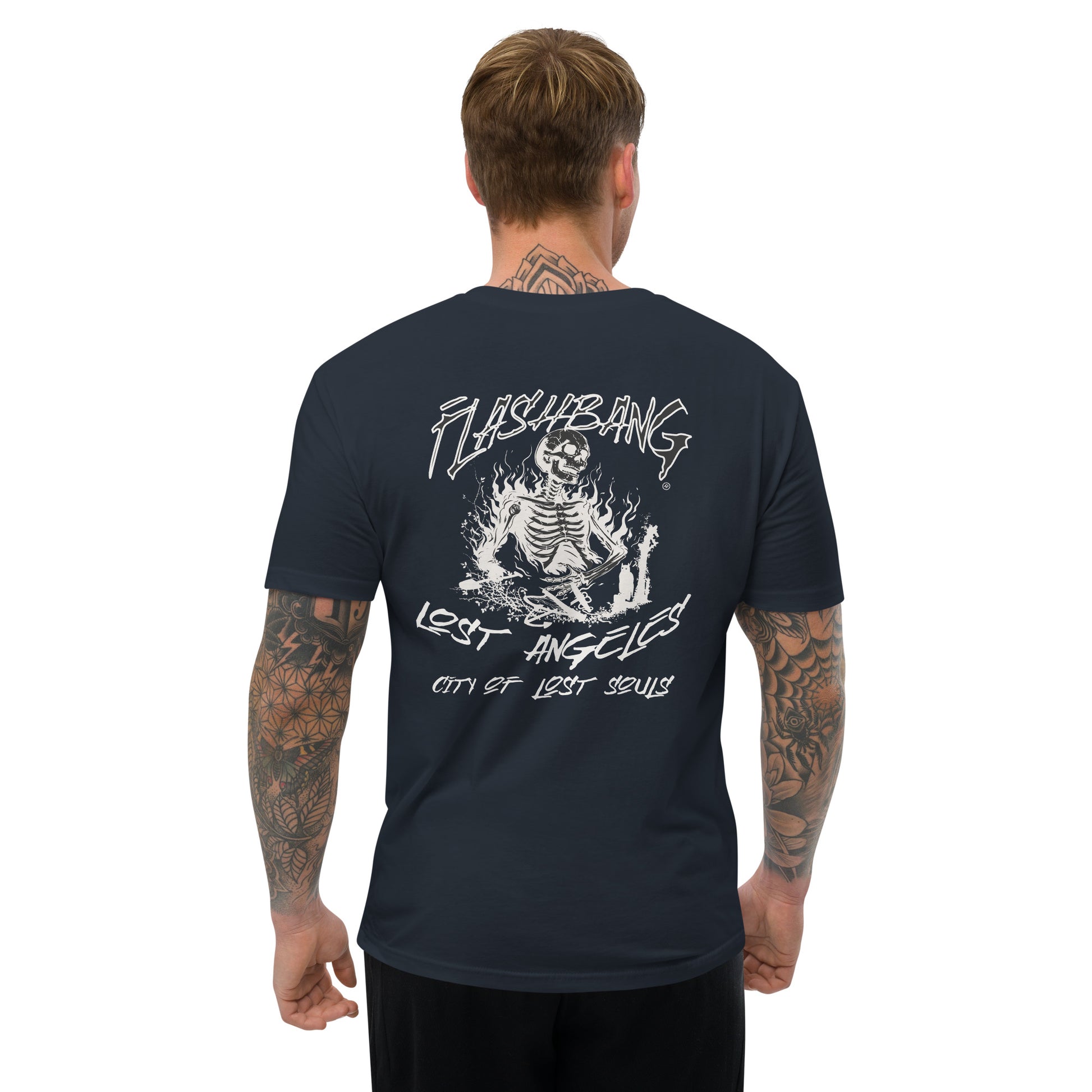 LA Lost Souls T-shirt with skeleton design, embodying streetwear LA style and honoring veterans - Back View - Midnight Navy - Model Guy