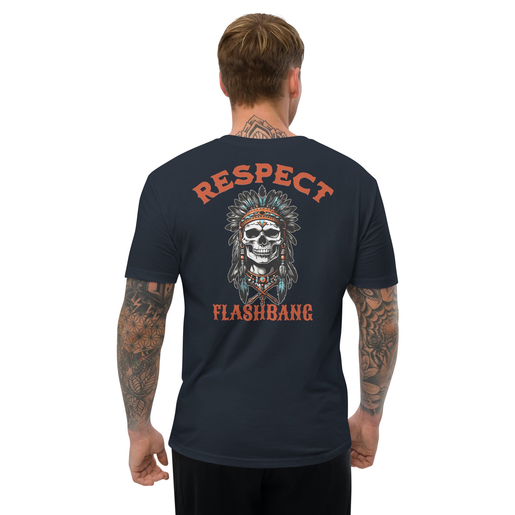 Man wearing a black t-shirt with 'RESPECT' and 'FLASHBANG' text and skull design on the back.