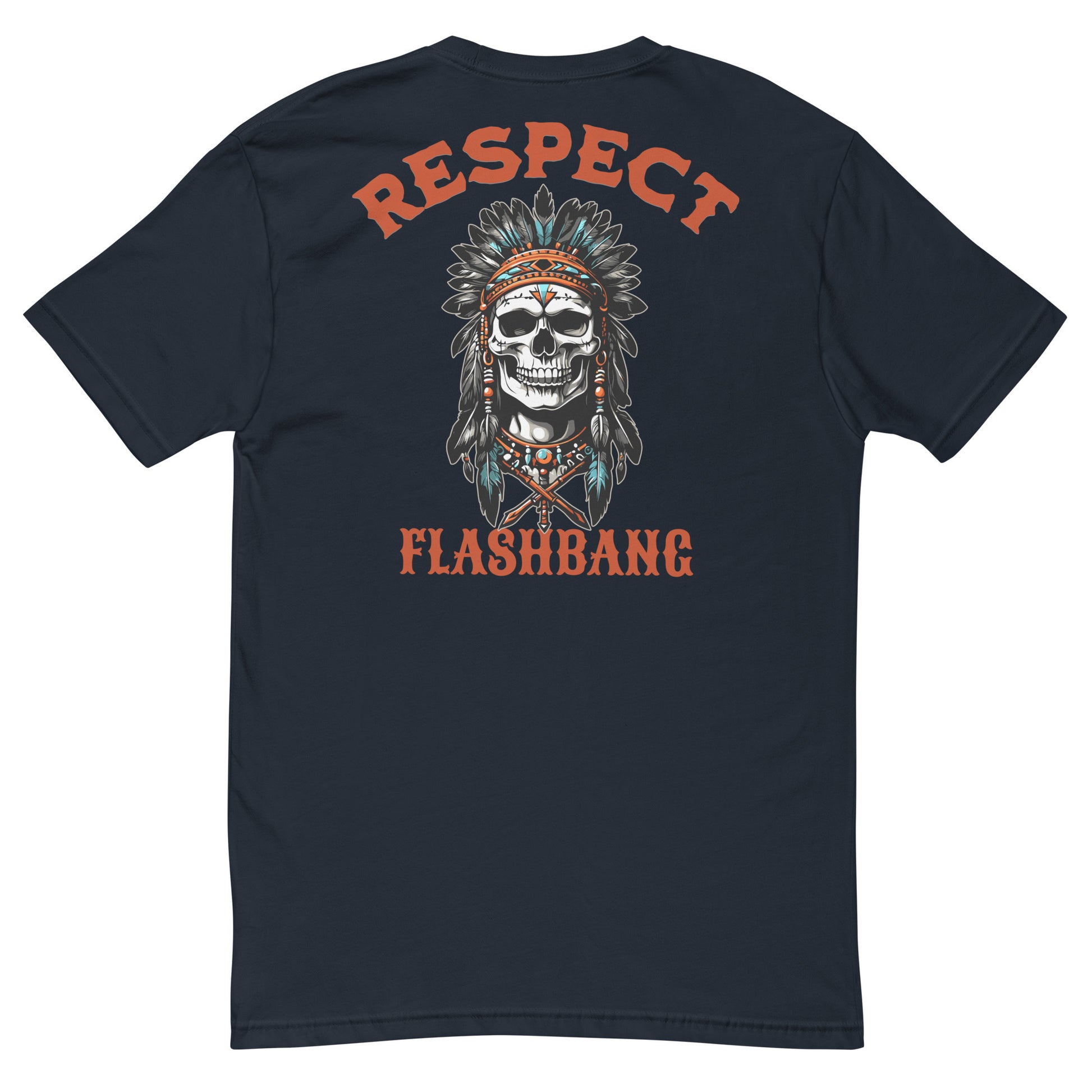Black t-shirt with a skull wearing an Indian headdress and 'Respect Flashbang' text on the back.