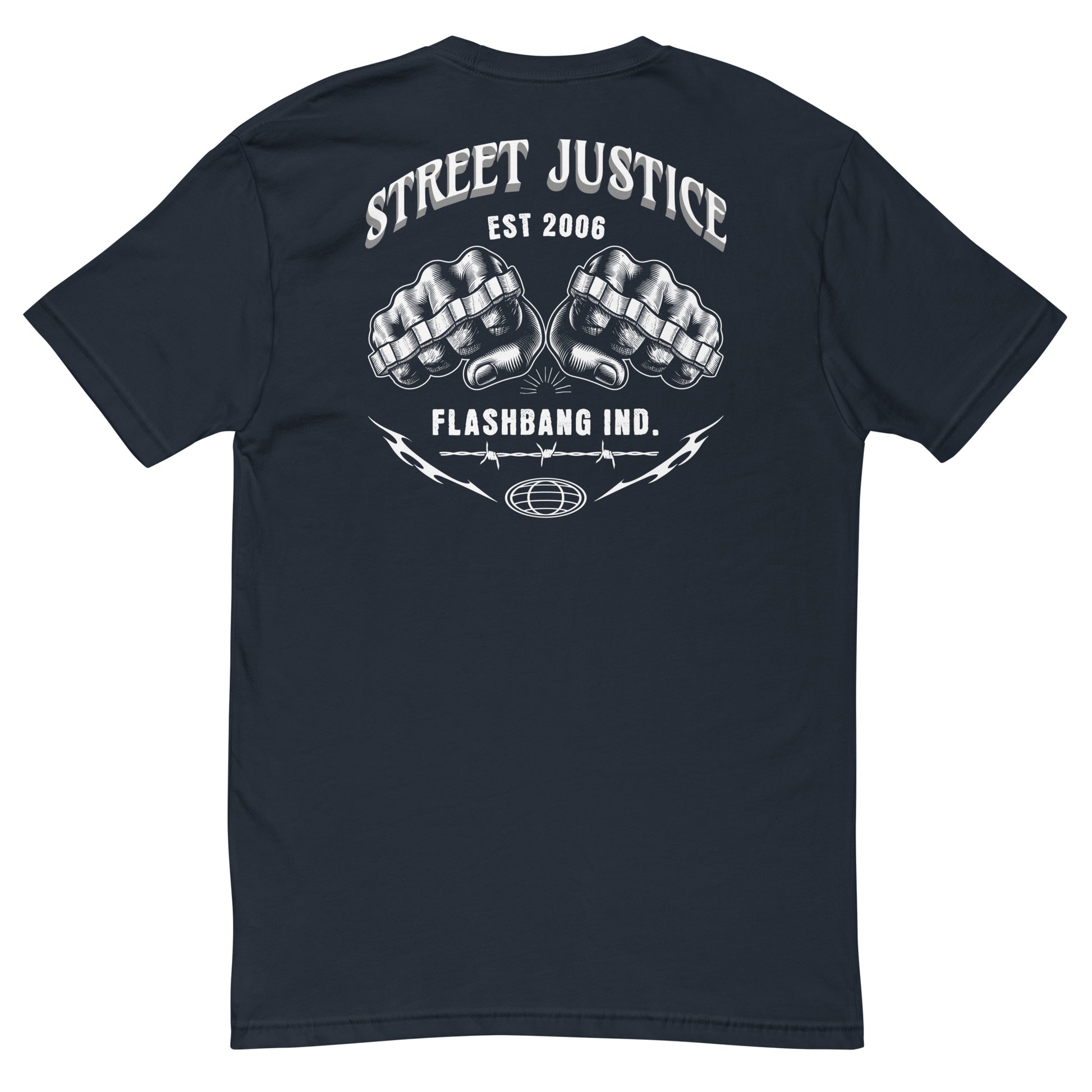 Black t-shirt with white graphic and text on a white background