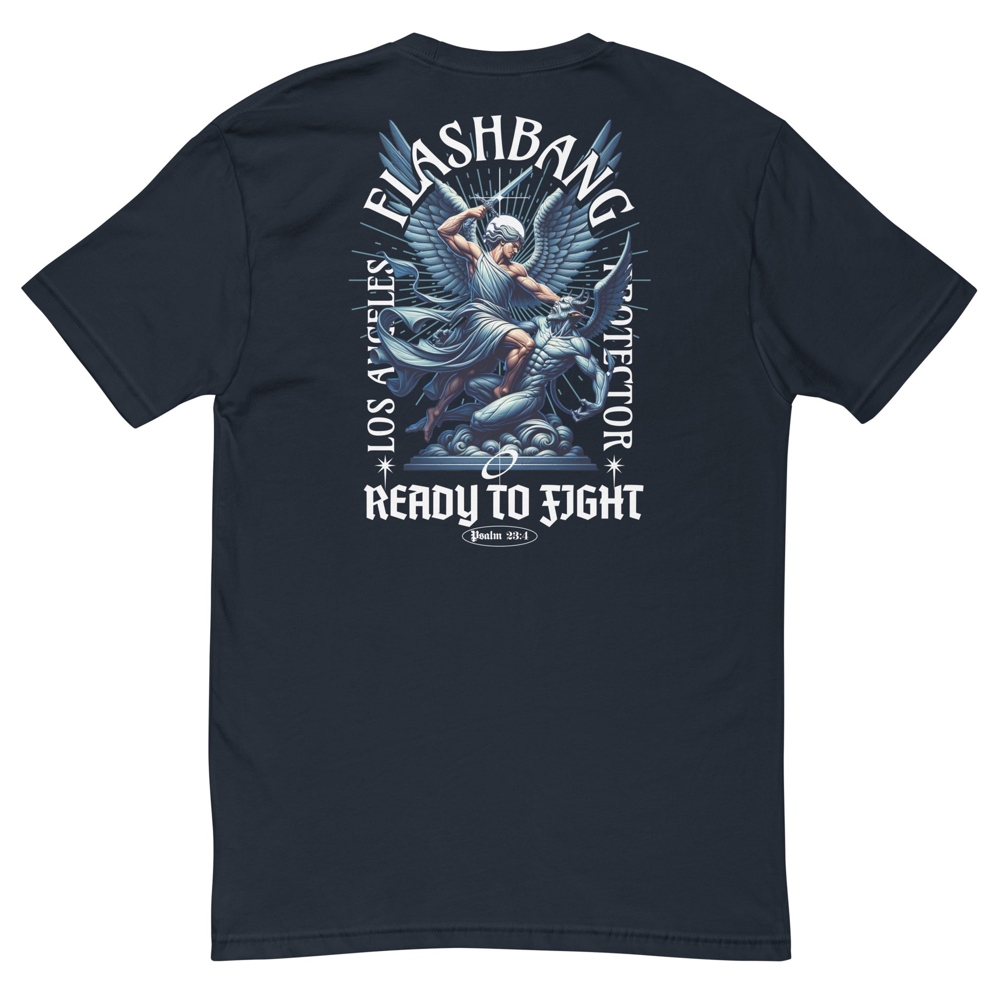Black t-shirt with graphic design and text on the back