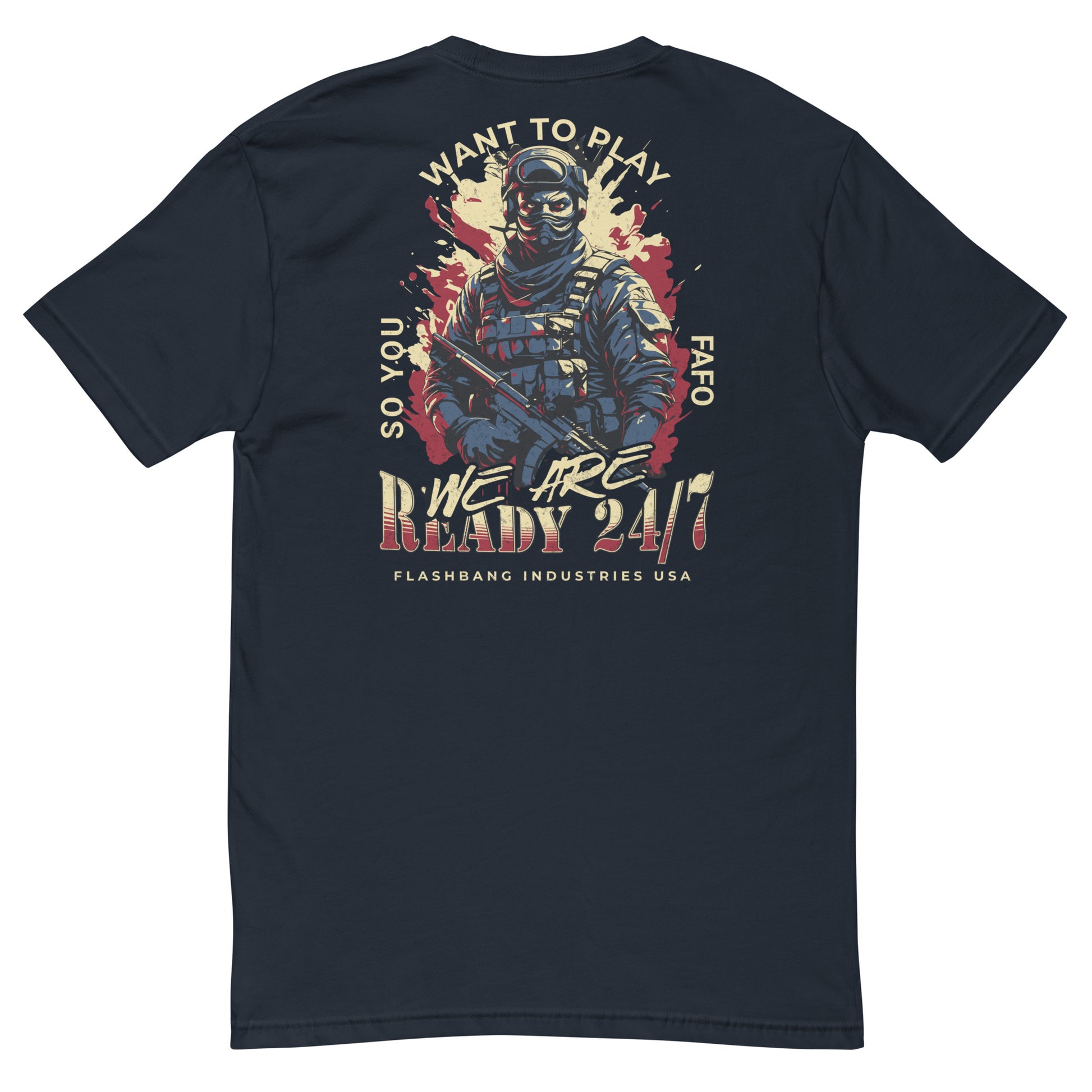 Black t-shirt with graphic design and text on the back