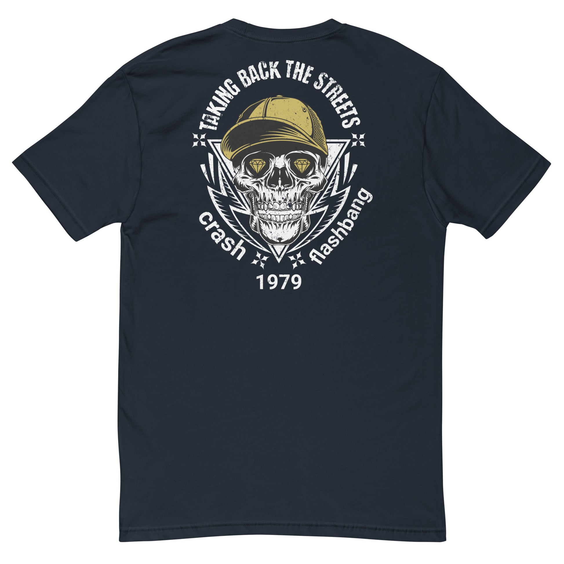 Black t-shirt with a skull design and text on the back, displayed on a white background.