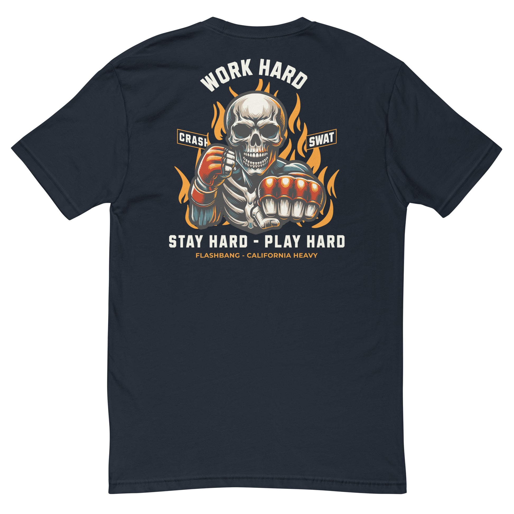 Black t-shirt with a skeleton design and text on the back