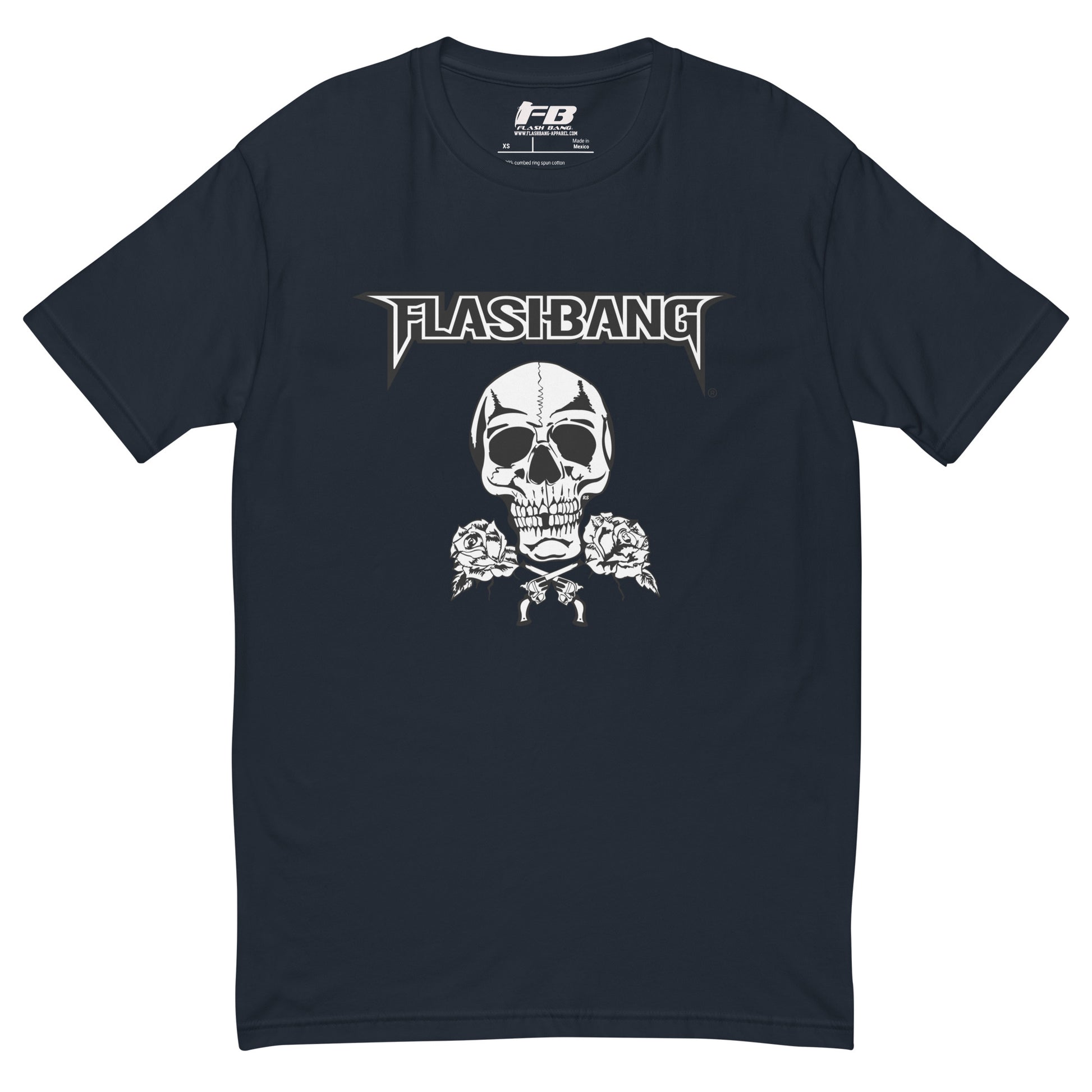 Skull and Roses RS T-shirt featuring a vintage skull and rose design - Front View - Midnight Navy