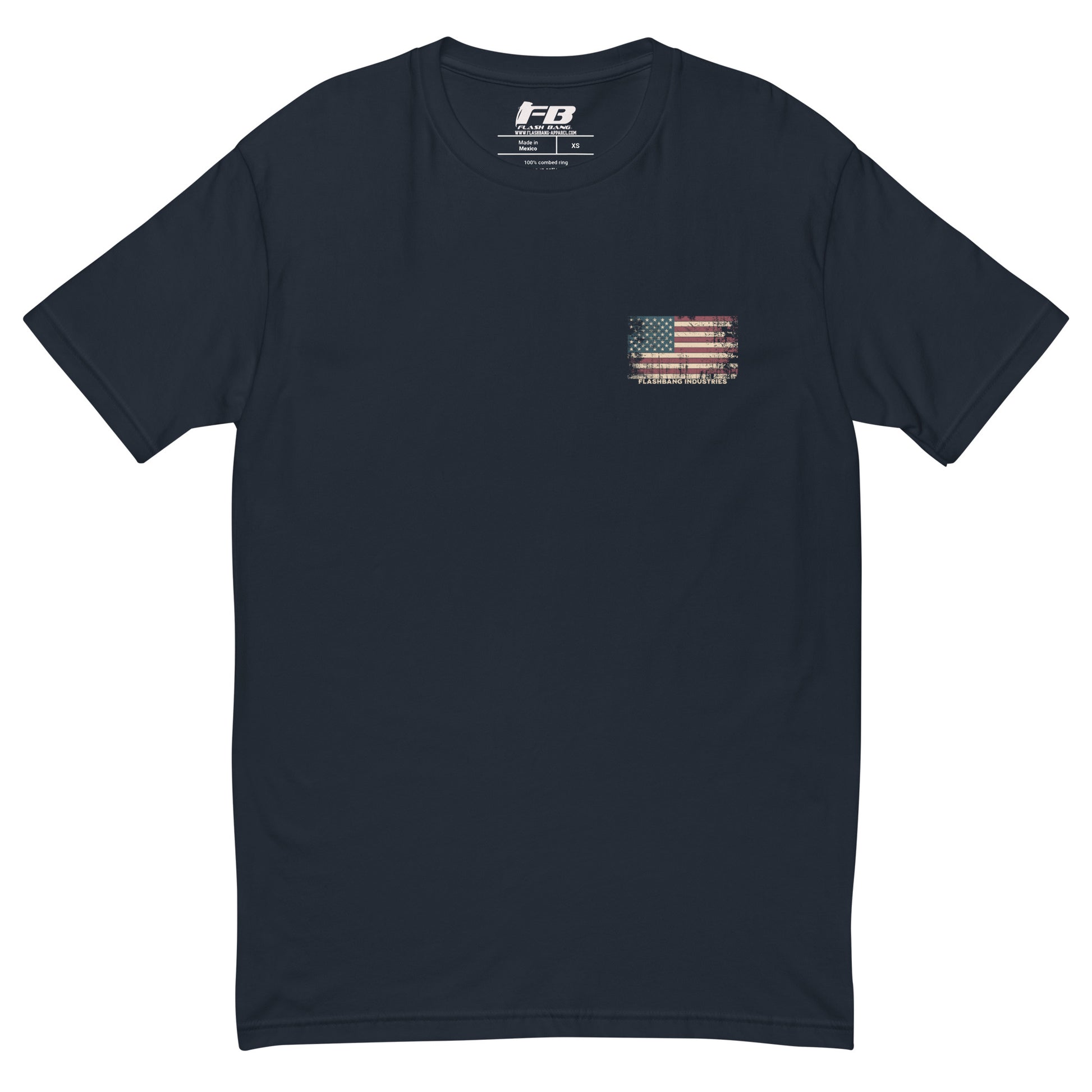 US Army T-shirt with USA flag and skull design. Operator T-shirt for men - Front View - Midnight Navy