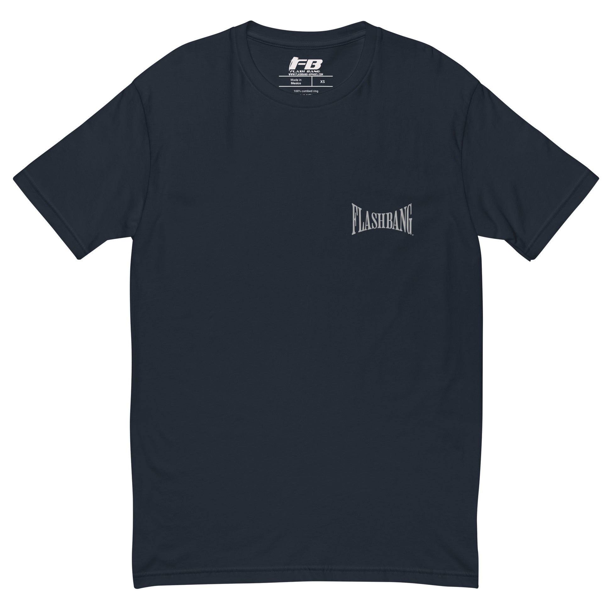 Proud American T-shirt with American flag graphic - Front View - Midnight Navy with Flashbang Text