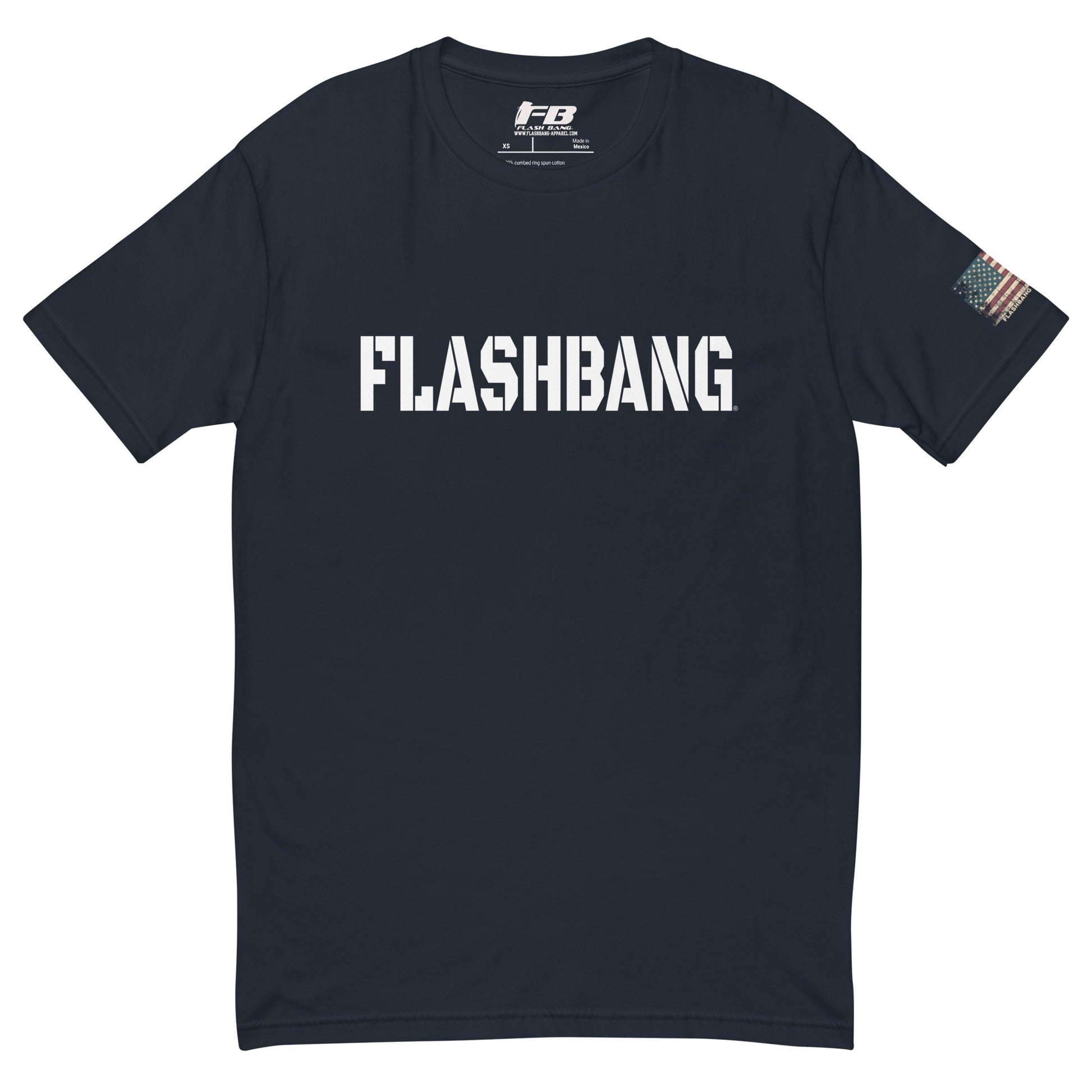 Flashbang Logo T-shirt with American flag graphic, perfect for honoring police and military veterans with durability and comfort - Front View - Midnight Navy