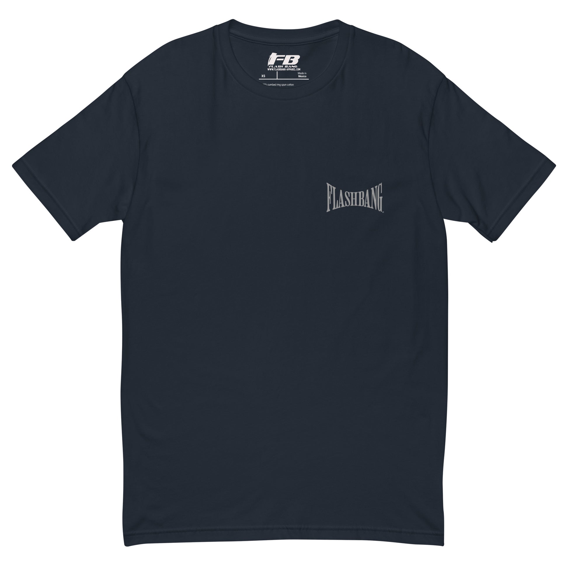 Bad Guys T-shirt with Spartan graphic, designed for powerlifters and gym enthusiasts. Features a workout motivation quote and bold style - Front View - Midnight Navy with Flashbang Text