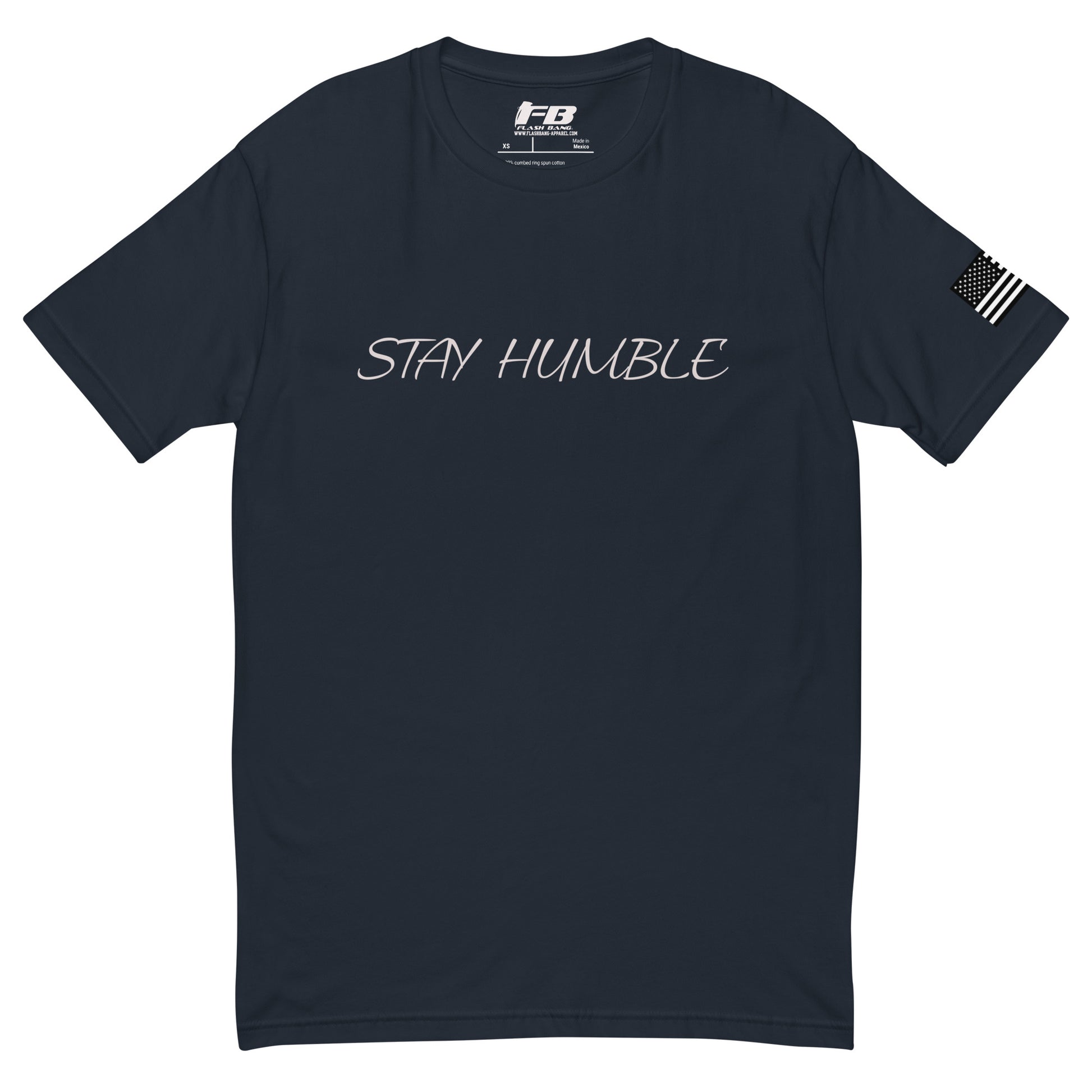 Stay Humble T-shirt with graphic design for men, featuring bold lettering - Front View - Midnight Navy