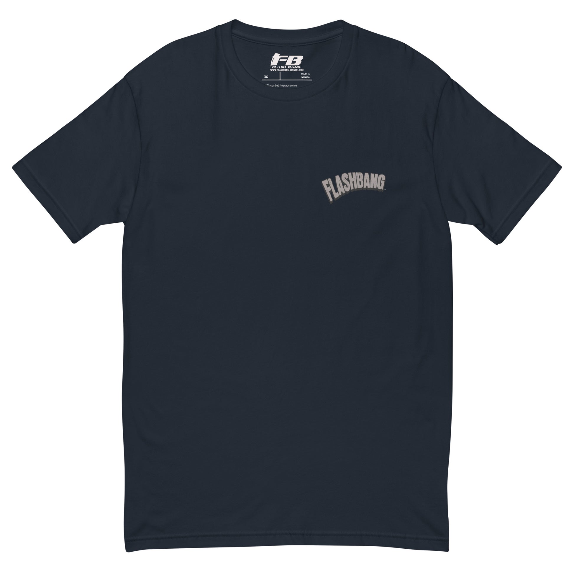 Caveman T-shirt - Front View - Midnight Navy with Flashbang Text