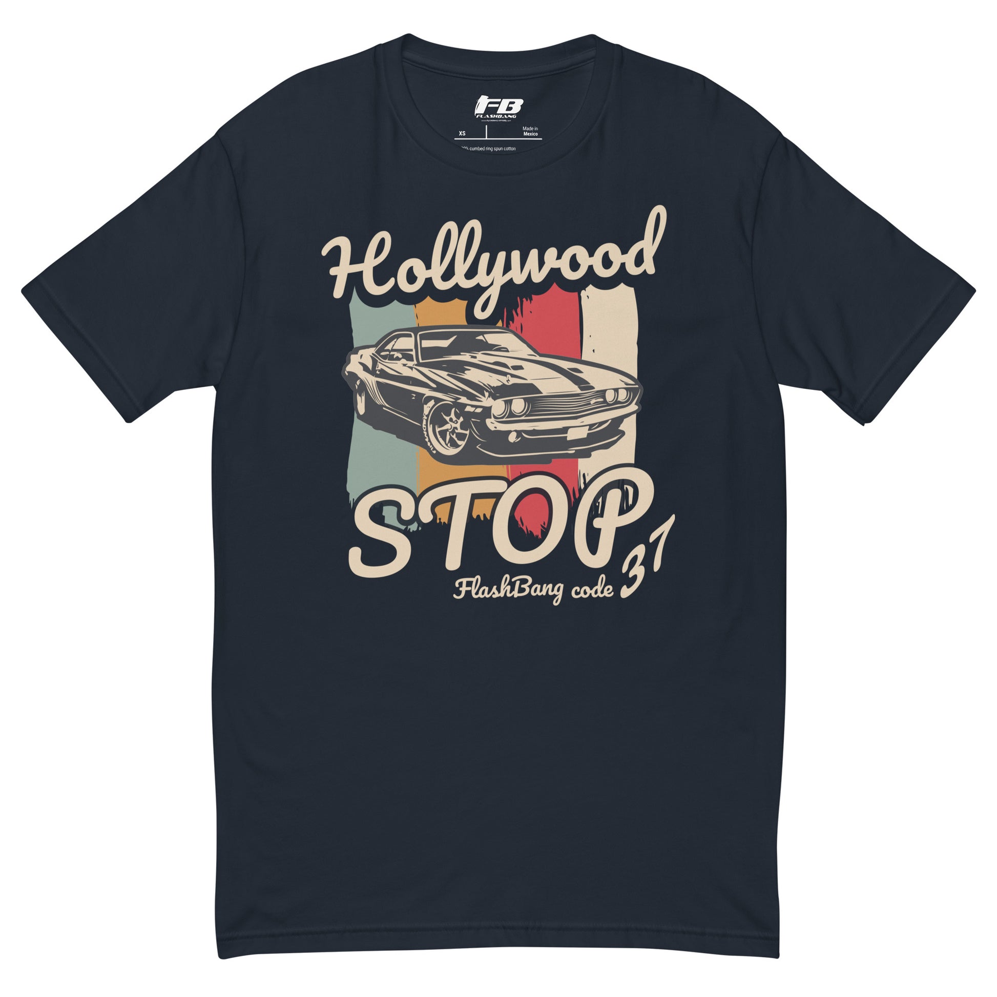 Navy blue t-shirt with vintage car graphic and text on a white background