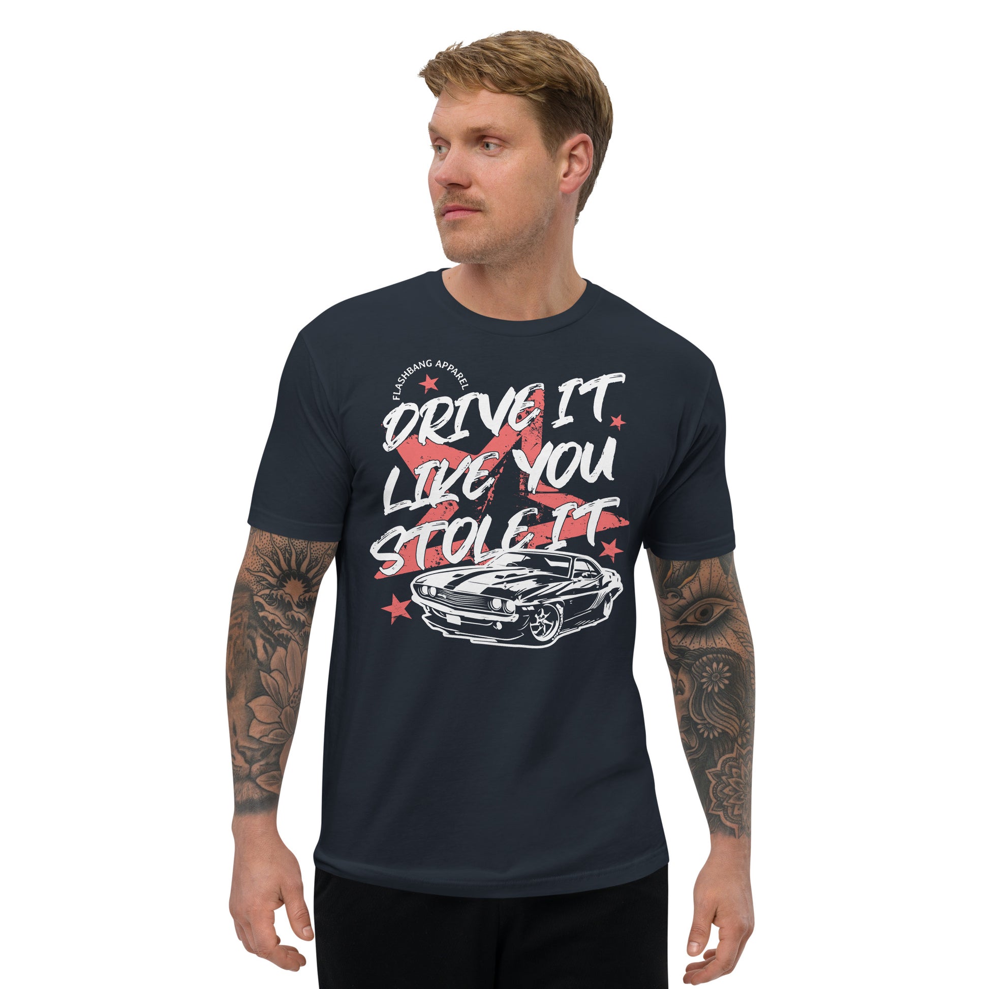Man wearing a black t-shirt with a graphic design and text on a white background