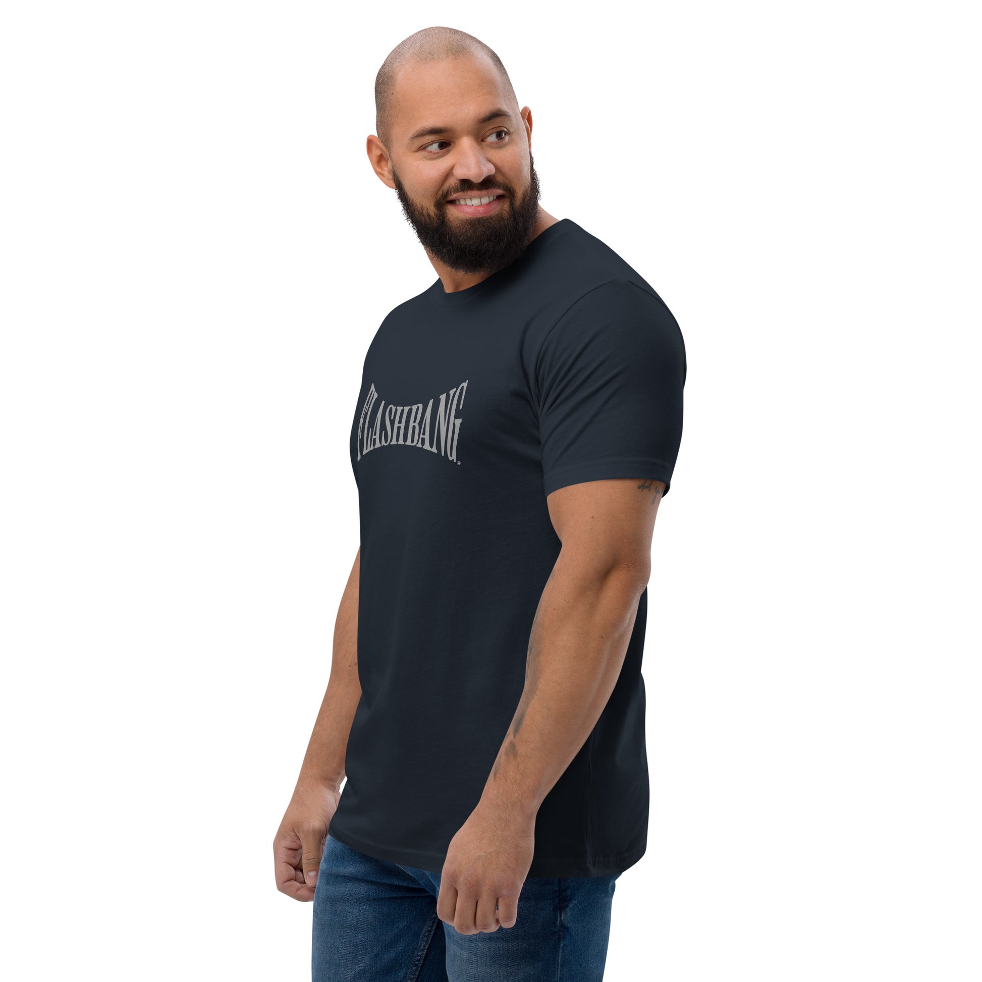 Warrior T-shirt - Train Hard Stay Ready. Veteran support, rugged durability, and powerful quotes for men who train hard - Front View - Midnight Navy with Flashbang Text - Model Guy