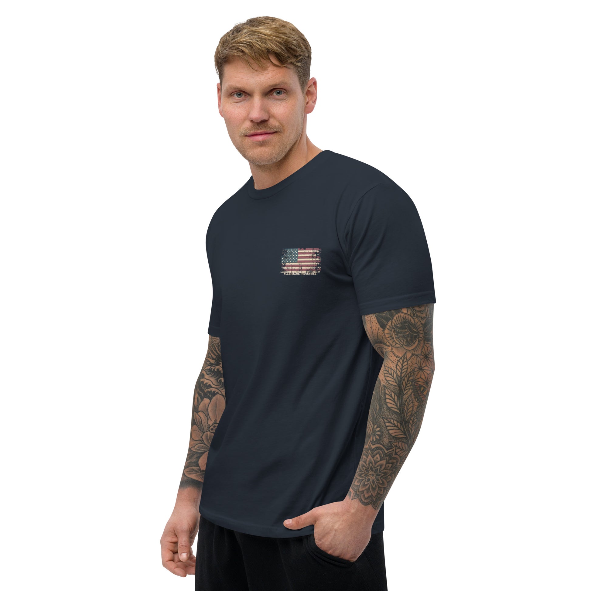 US Army T-shirt with USA flag and skull design. Operator T-shirt for men - Side View - Midnight Navy - Model Guy